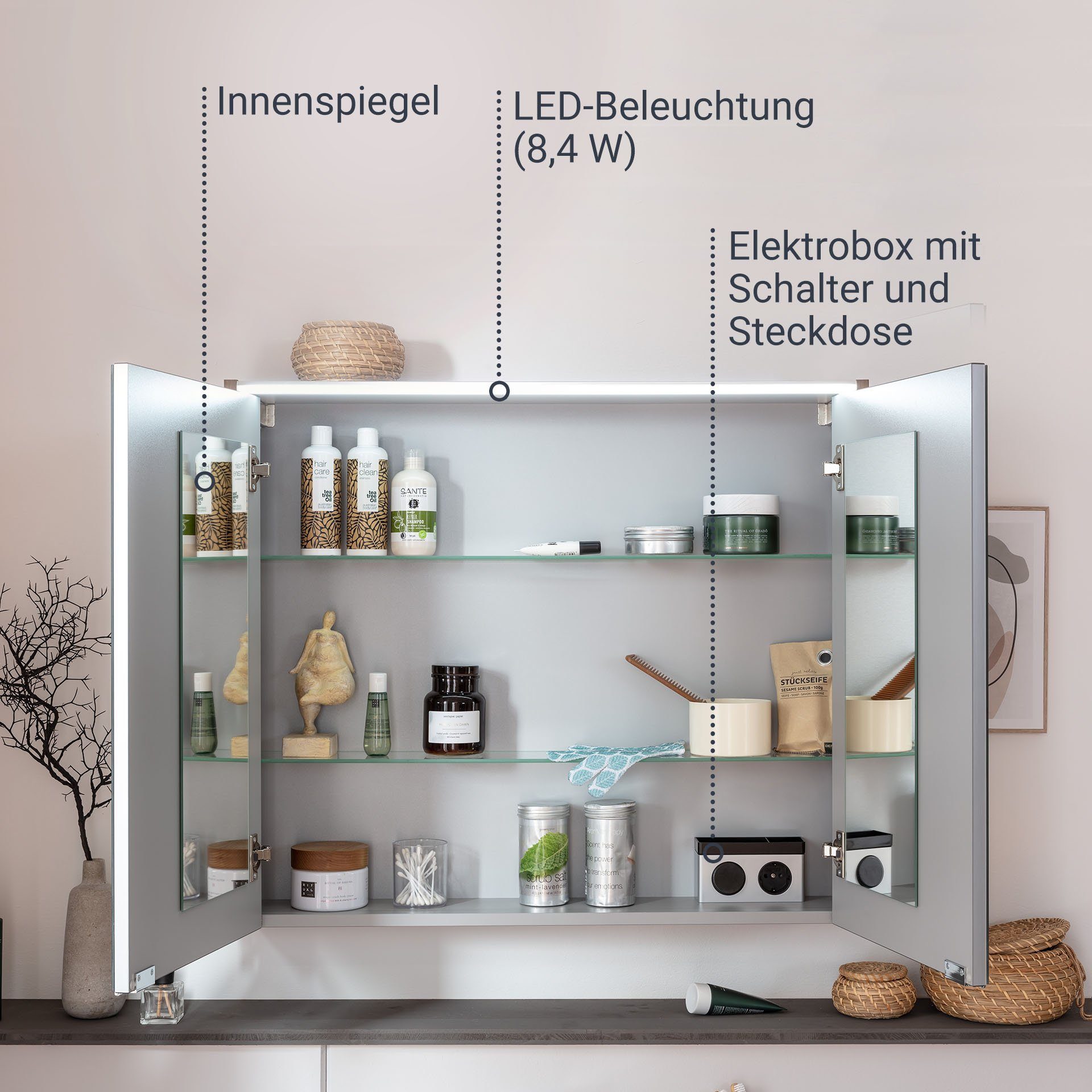 FACKELMANN LED-Spiegelschrank vormontiert, hängend Braun – Verona Badezimmerspiegelschrank