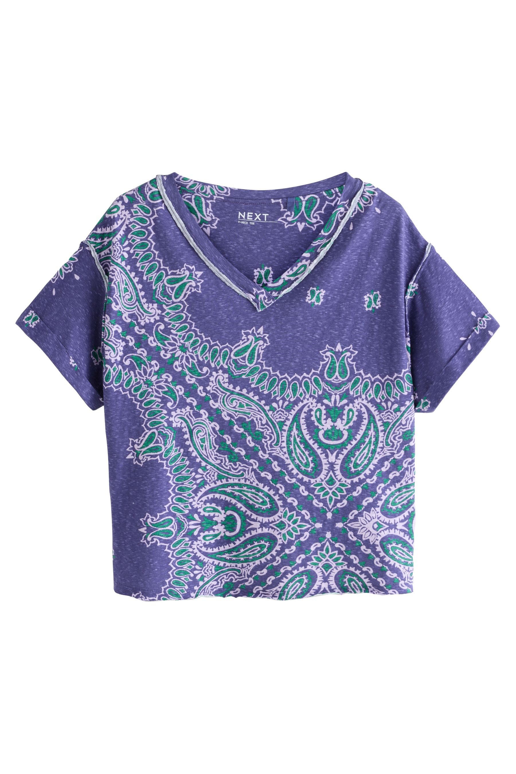 V-Shirt Kurzarm-T-Shirt mit V-Ausschnitt und Leinenoptik