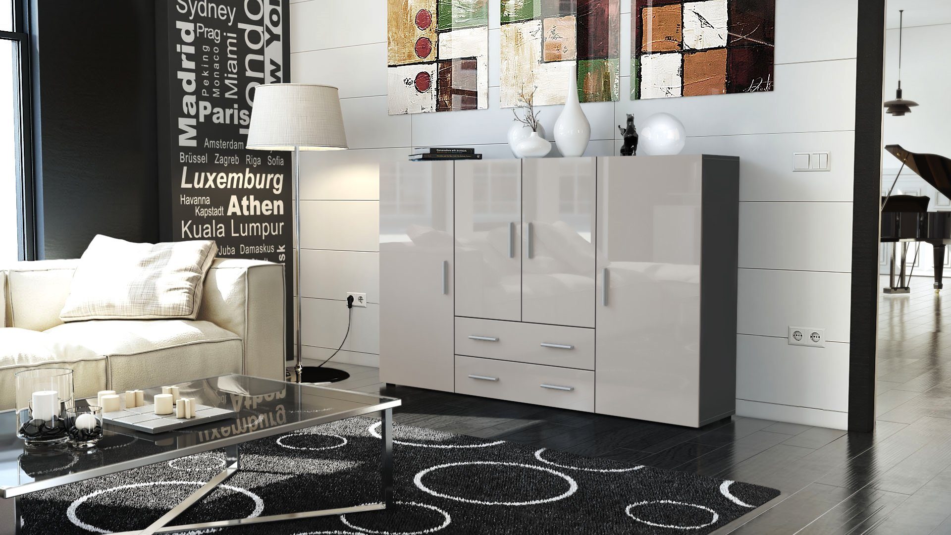 Vladon Highboard Nora (Anrichte mit 2 Schubladen und 4 Türen, mit insgesamt 8 Fächer dahinter), Anthrazit matt/Sandgrau Hochglanz (166,5 x 106,5 x 35 cm)