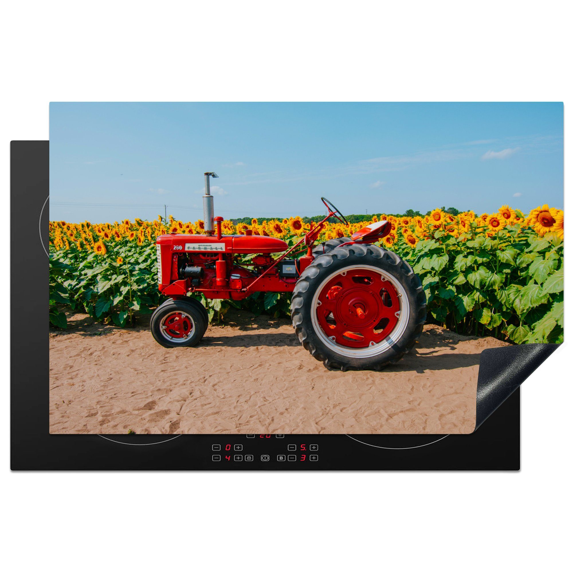 MuchoWow Herdblende-/Abdeckplatte Traktor - Rot - Sonnenblume - Bauernhof - Blumen, Vinyl, (1 tlg), 81x52 cm, Induktionskochfeld Schutz für die küche, Ceranfeldabdeckung