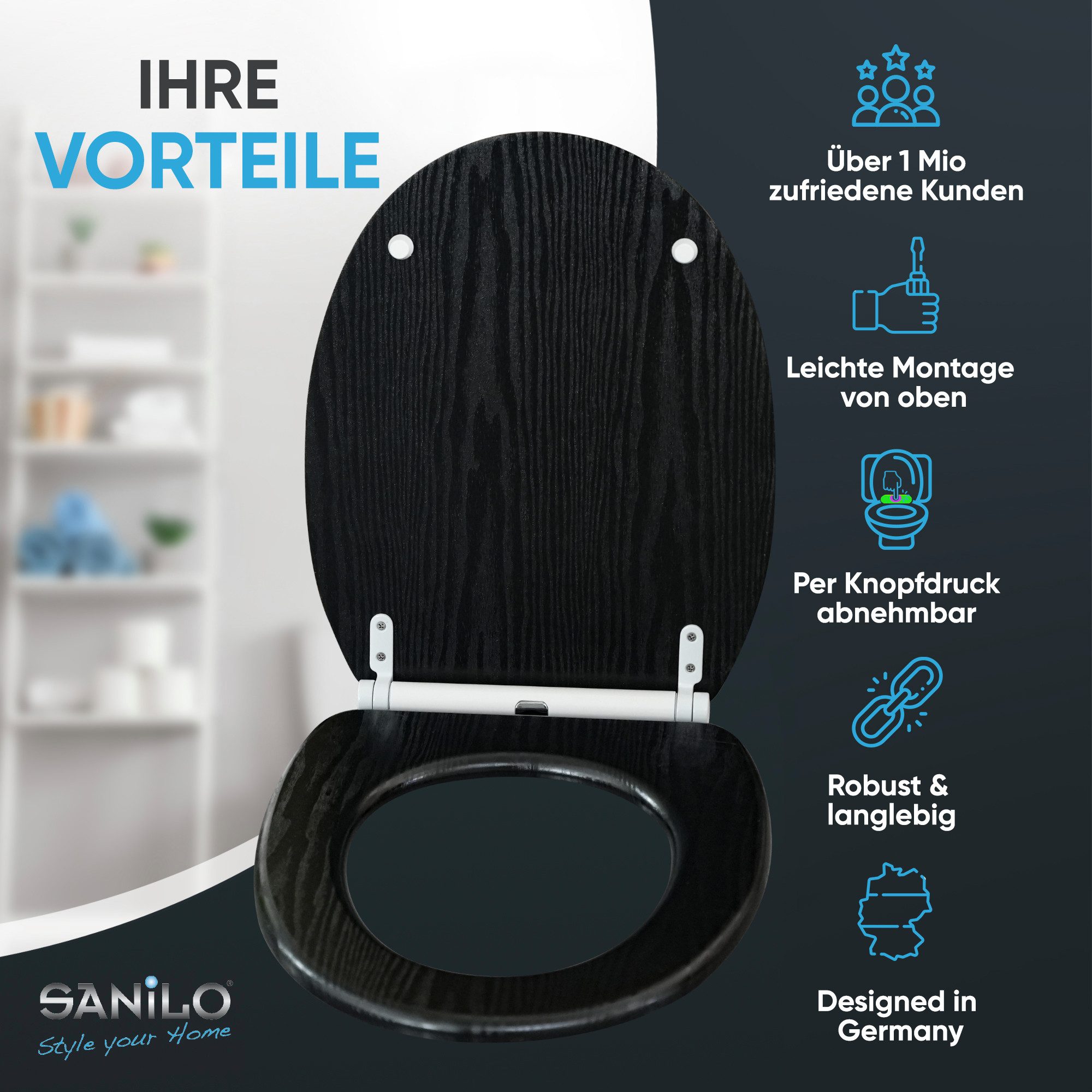 Sanilo WC-Sitz Black Wood mit Absenkautomatik & Quick Release, Premium Toilettendeckel, abnehmbar, leichte Montage von oben