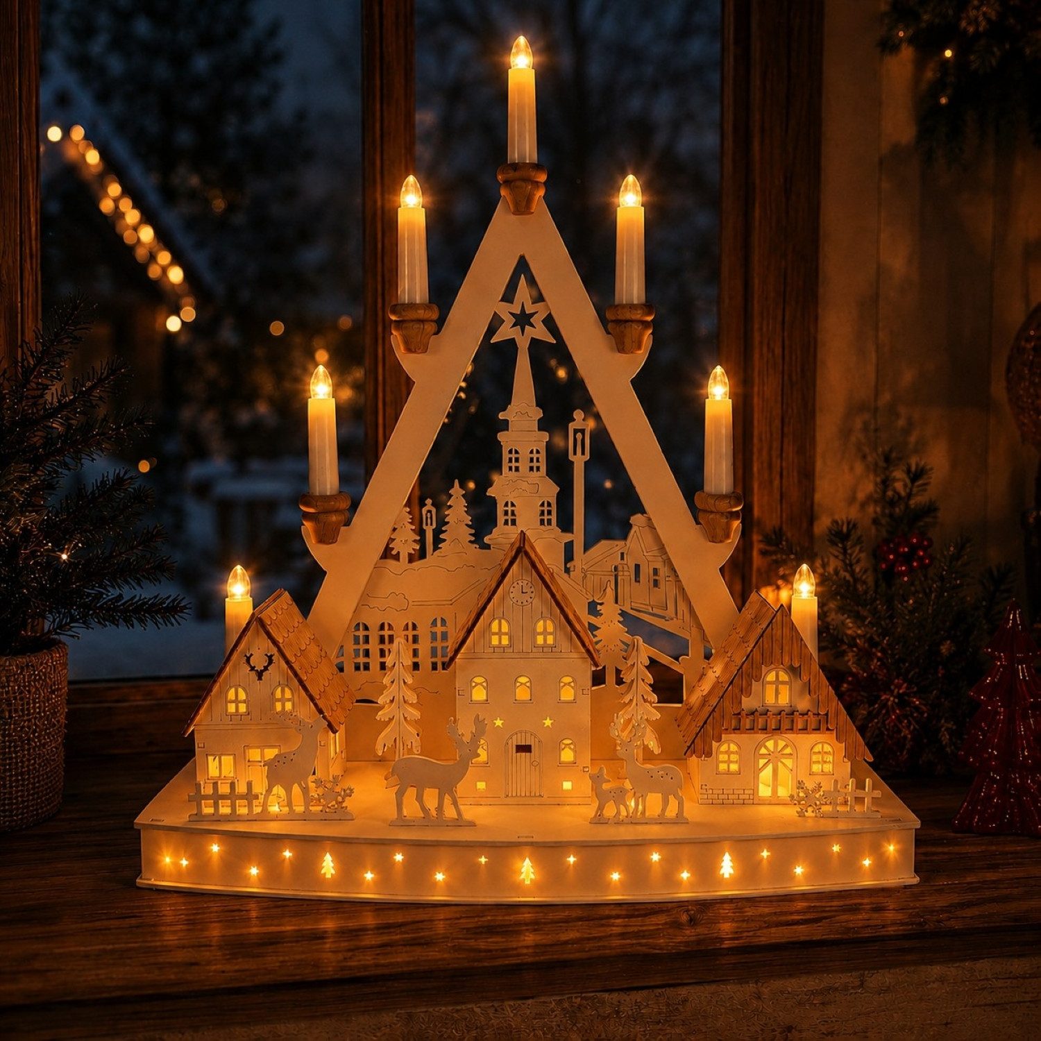 Online-Fuchs Lichterbogen mit LED-Beleuchtung und 6-Stunden Timer - Schwibbogen Weihnachtsdeko, Lichterspitze mit stimmungsvoller Winterlandschaft