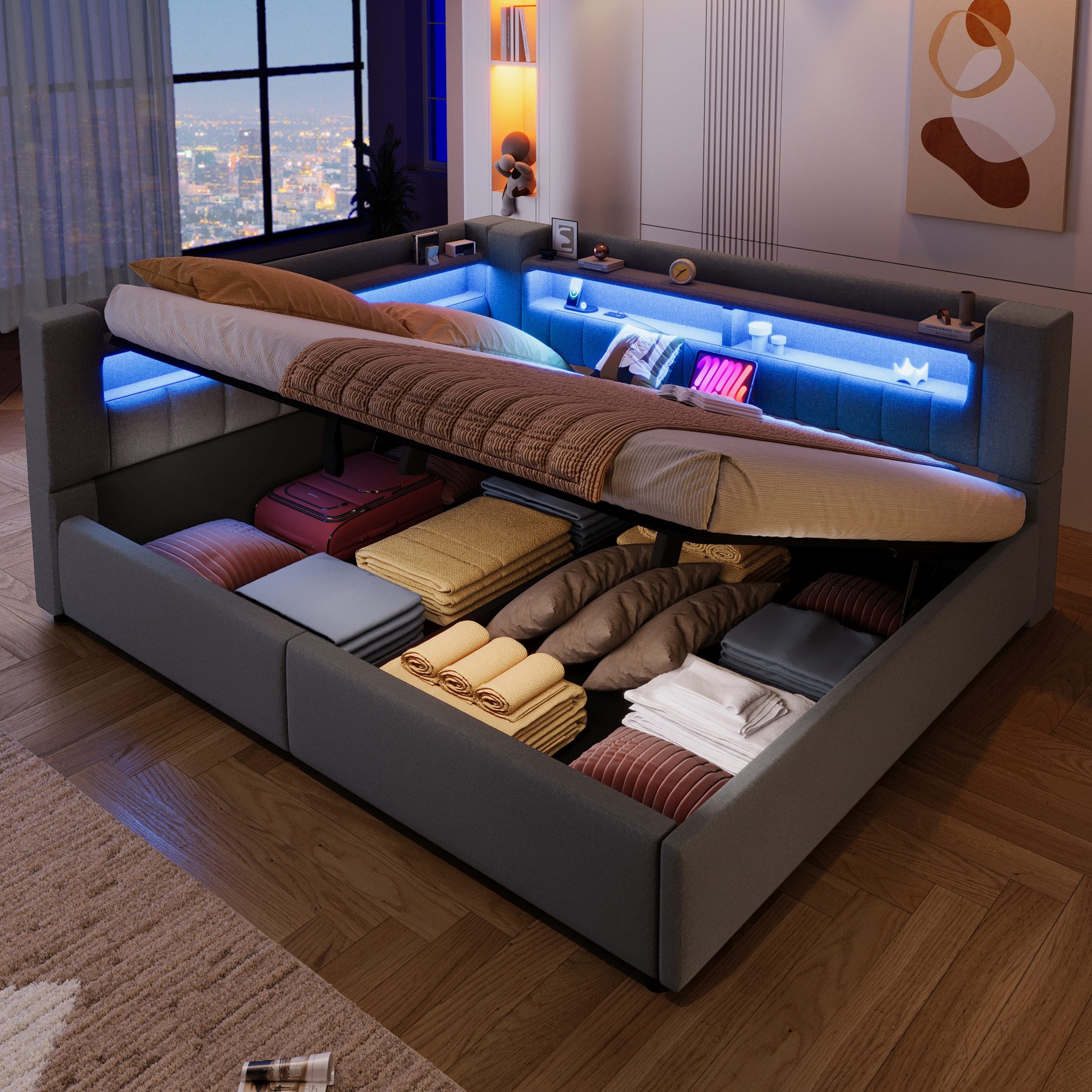 Merax Daybett 140x200cm mit LED-Beleuchtung & USB, Typ-C Ladefunktion (Jugendbett Schlafsofa Sofabett Einzel-Doppelbett, 1 tlg), Tagesbett mit hydraulischem Stauraum und Staufächern, Leinen