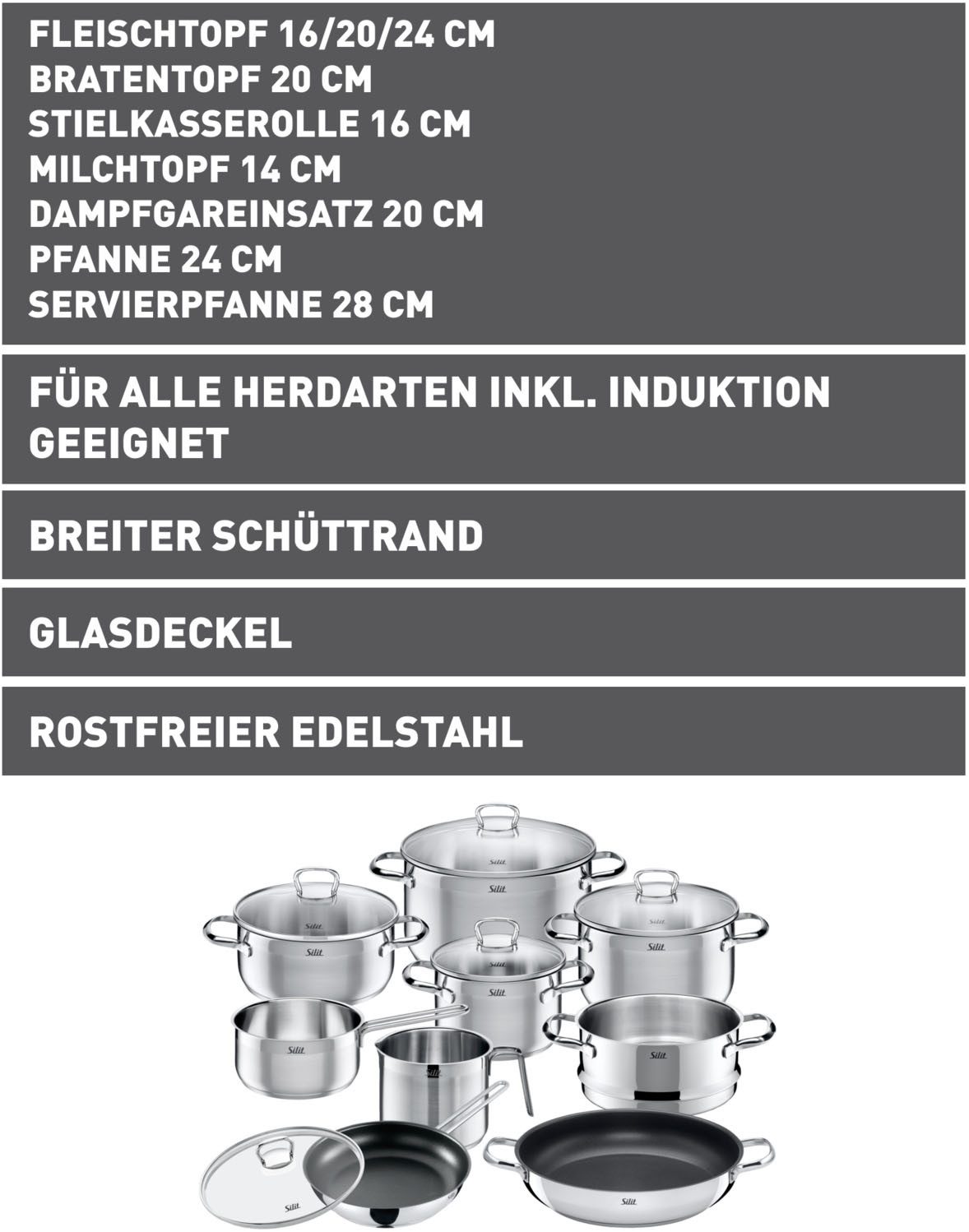 Silit Topf-Set Toskana, Kochtopf Set mit Glasdeckel induktionsgeeignet, teilmattiert, Edelstahl 18/10 (Set, 14-tlg., mit Milchtopf und Dampfgareinsatz), Silitherm-Allherdboden, Induktionskochtöpfe, spülmaschinengeeignet