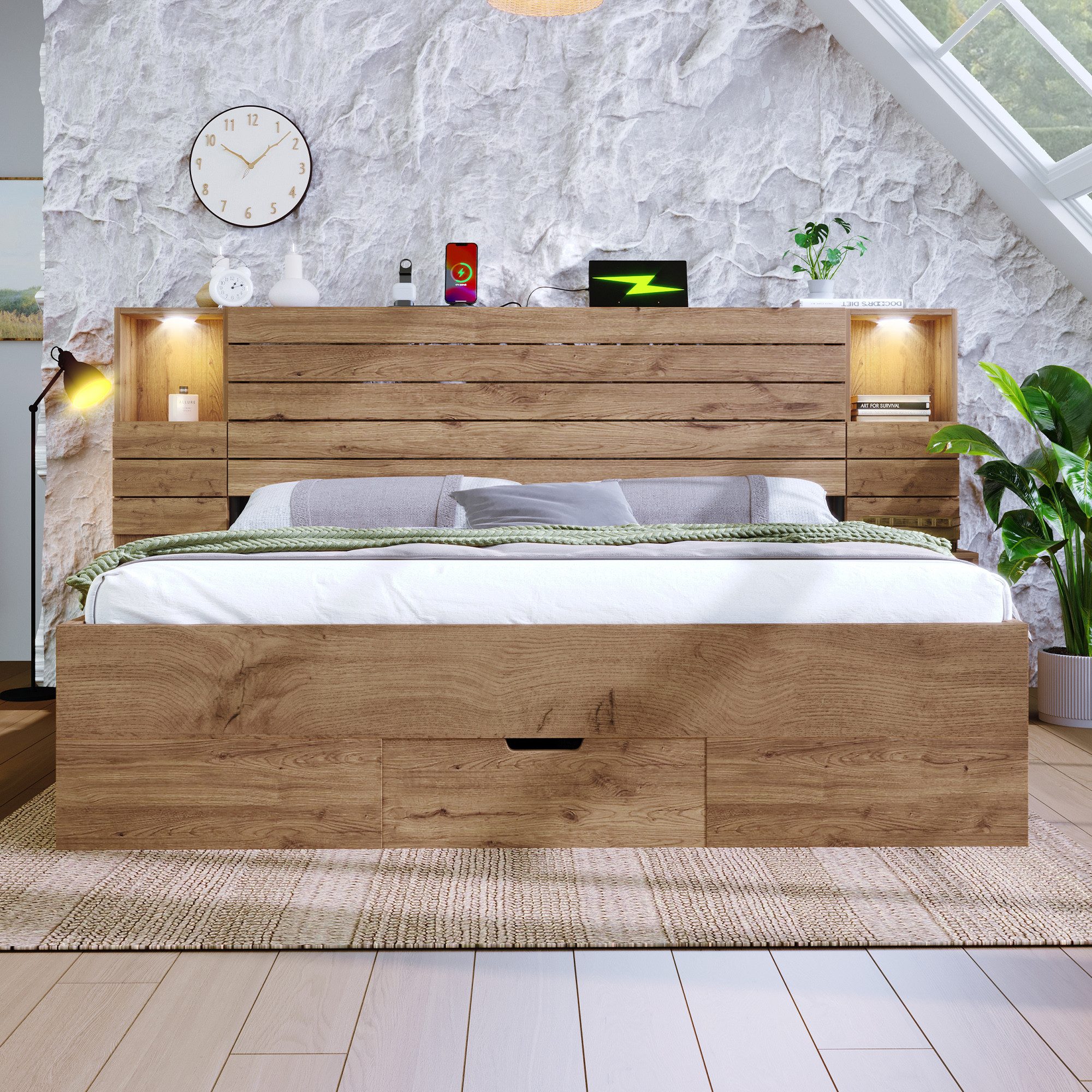 Odikalo Polsterbett Holzbett Bettgestell 160x200 180x200 mit LED USB und Stauraum (mit LED-Downlights und USB Type-C, beleuchtete Nische, schwebende Nachttische, Unterbett-Stauraum mit Schubladen, Eichenoptik)