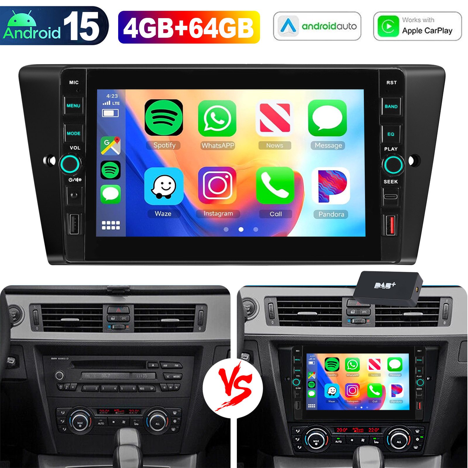 ESSGOO DAB+ Android 15 64G Für BMW 3er E90 E91 E92 E93 Carplay Autoradio NAVI Autoradio (RDS, BT, 4+64GB(optional), Digitalradio (DAB), FM, SWC, Apple Carplay Android Auto GPS Navi WIFI BT EQ Mit USB- und Type-C)