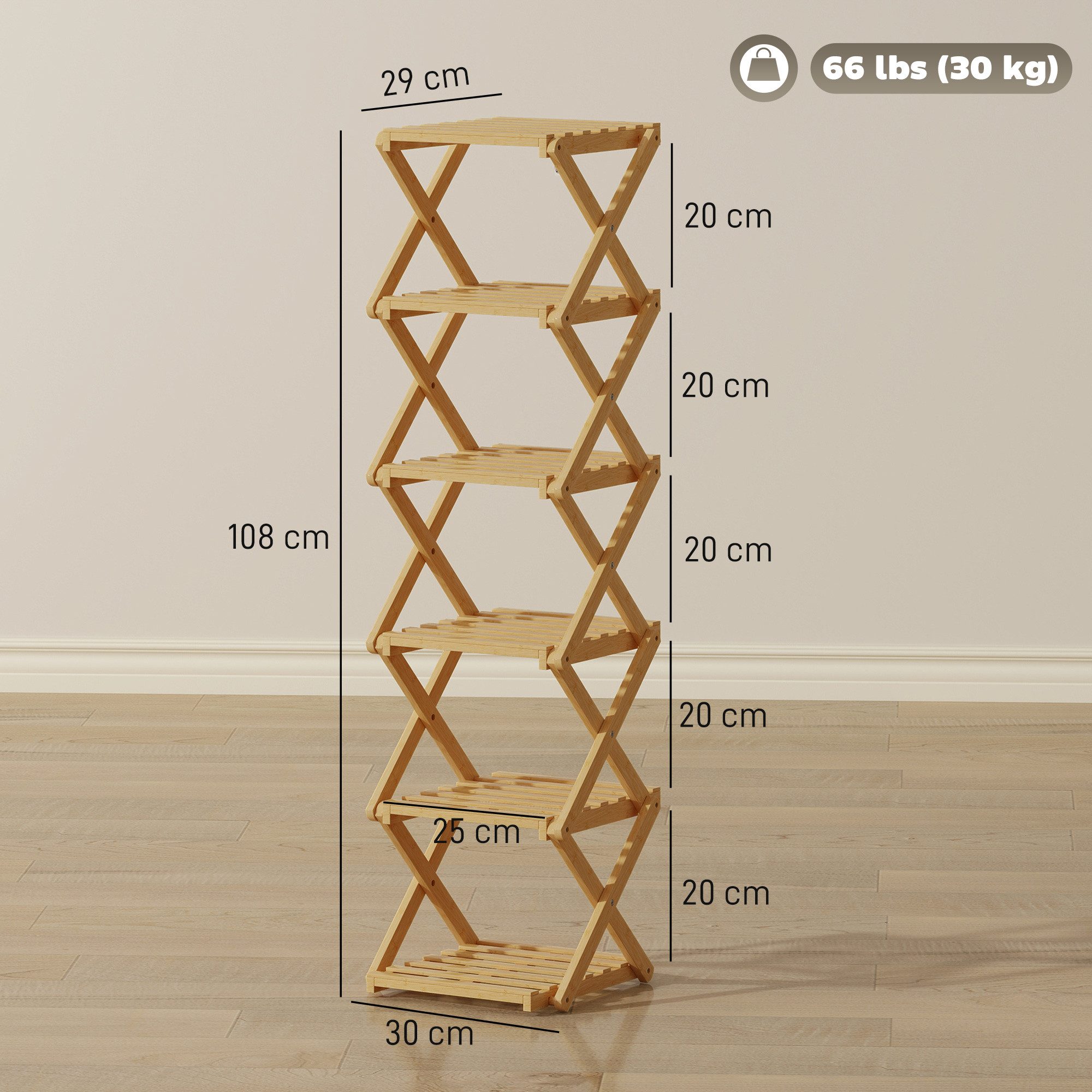 HOMCOM Schuhregal Schuhständer,6 Ebenen Bambus,für 9 Paar Schuhe,schmal Schuhablage, klappbar Schuhständer 1-tlg., für Eingang, Schlafzimmer, 30 x 29 x 108 cm, Natur