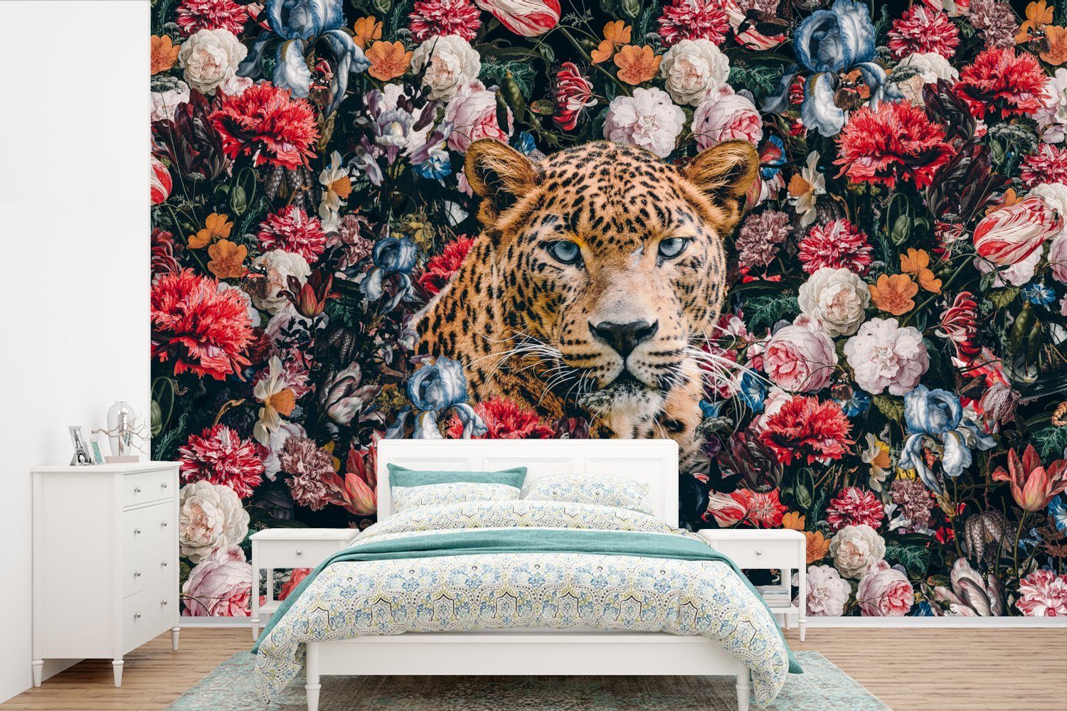MuchoWow Fototapete Leopard - Blumen - Tiere, Matt, bedruckt, (6 St), Wallpaper für Wohnzimmer, Schlafzimmer, Kinderzimmer, Vinyl Tapete