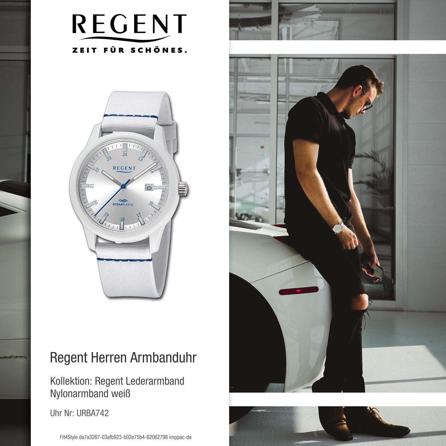 Regent Quarzuhr Regent Herren extra Nylonarmband groß Herren Armbanduhr rund, Analog, 40mm), (ca. Armbanduhr