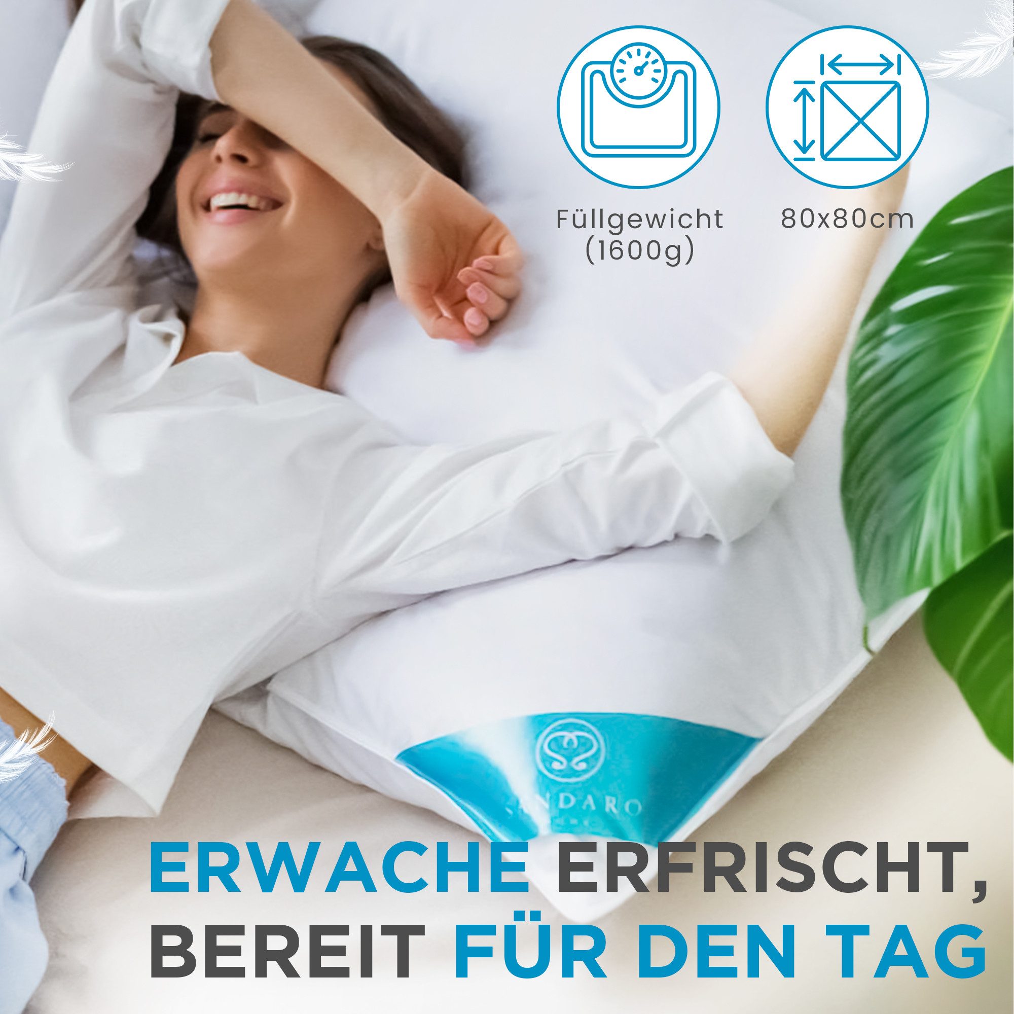 Sandaro Home Daunenkissen 1600 gr, 3-KAMMERN KISSEN, 80 x 80 cm, Füllung: Daunen Federn, Bezug: Baumwolle, Allergiker geeignet, 80x80 cm