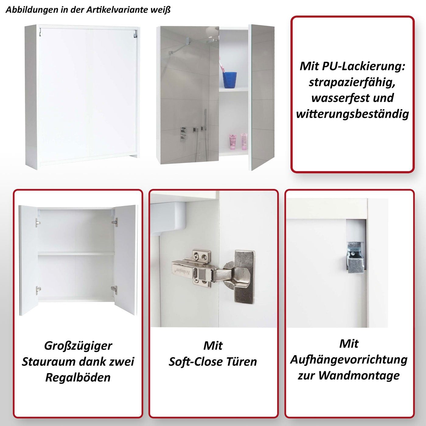 MCW Badezimmerspiegelschrank MCW-B19b-60 Hochglanz-Optik – Bild 4 von 5