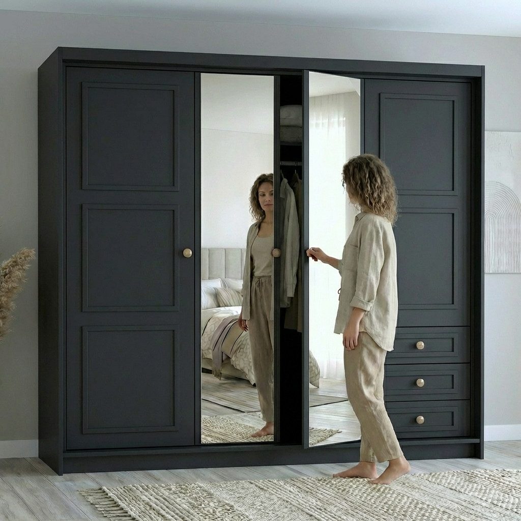A&J MöbelLand GmbH Drehtürenschrank OSLO viertüriger Kleiderschrank mit Schubladen und Metallgriffen (Geräumiger viertüriger Kleiderschrank mit Schubladen und Metallgriffen. Geräumiger Schrank mit einer Breite von 200 cm und Schubladen, ideal zur Aufbewahrung von Kleidung und Accessoires. Viel Stauraum. TOP PRODUKT! Wählen Sie das ideale Modell für Ihr Schlafzimmer!, TOP ANGEBOT) Breite: 200 cm, Höhe: 215 cm, Tiefe: 59,5 cm