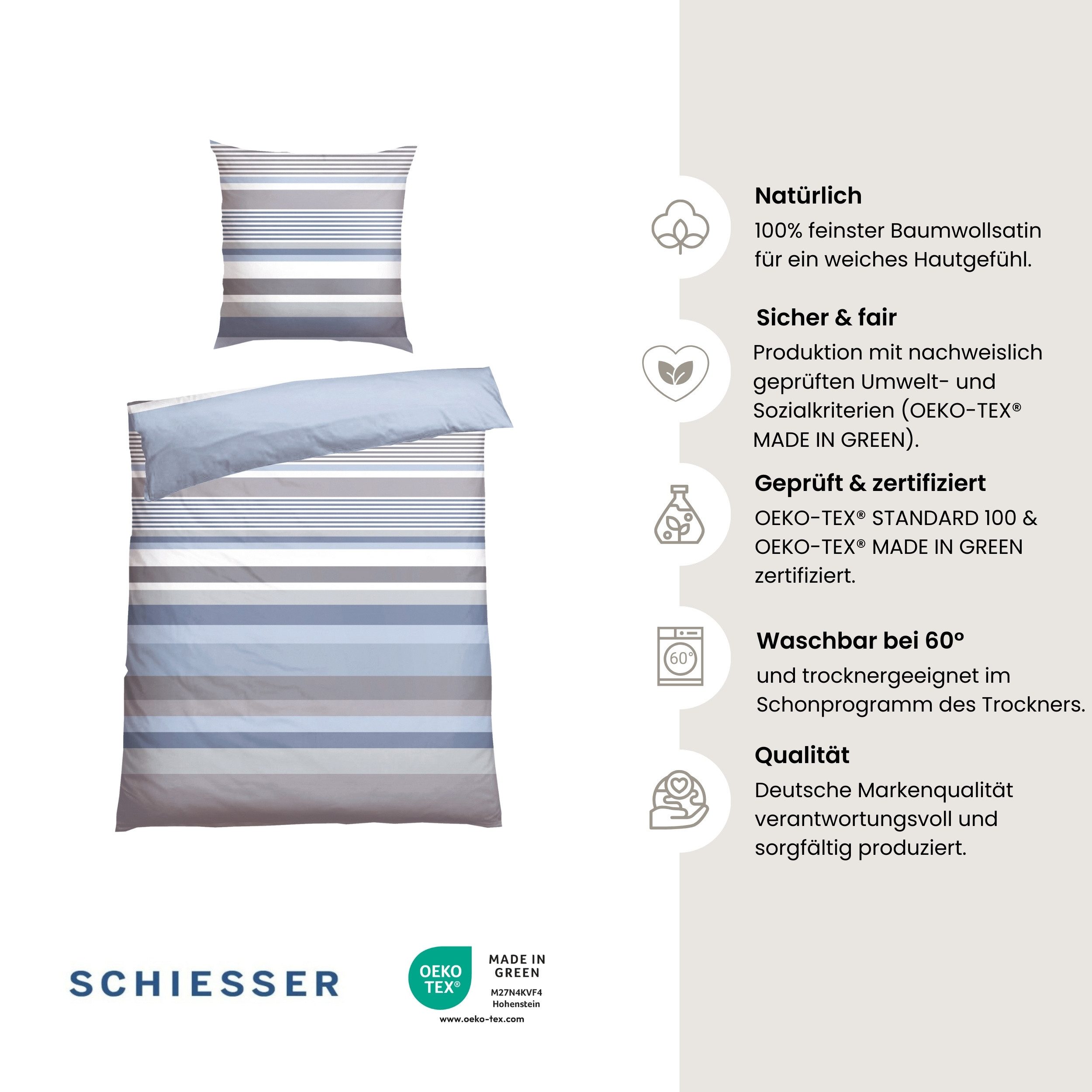 Schiesser Bettwäsche Hoops aus weichem Baumwoll-Satin mit Streifen-Design, Satin, 2 teilig, Made in Green by Oeko-Tex