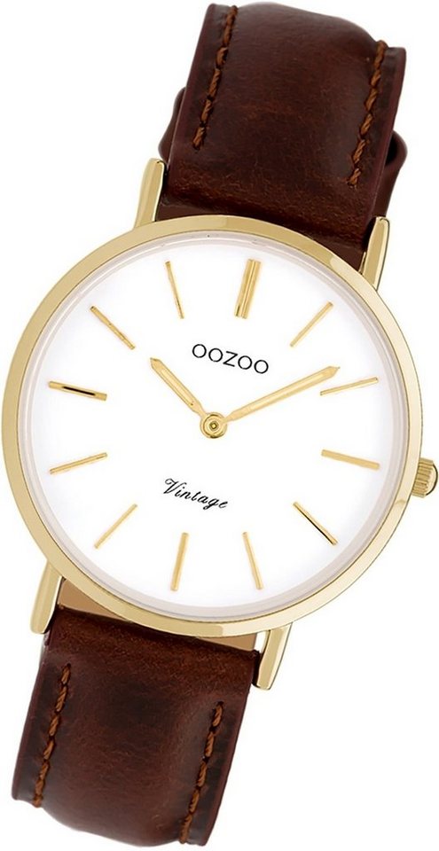OOZOO Quarzuhr Oozoo Damen Armbanduhr Vintage Analog, Damenuhr Lederarmband  braun, rundes Gehäuse, mittel (ca. 32mm)