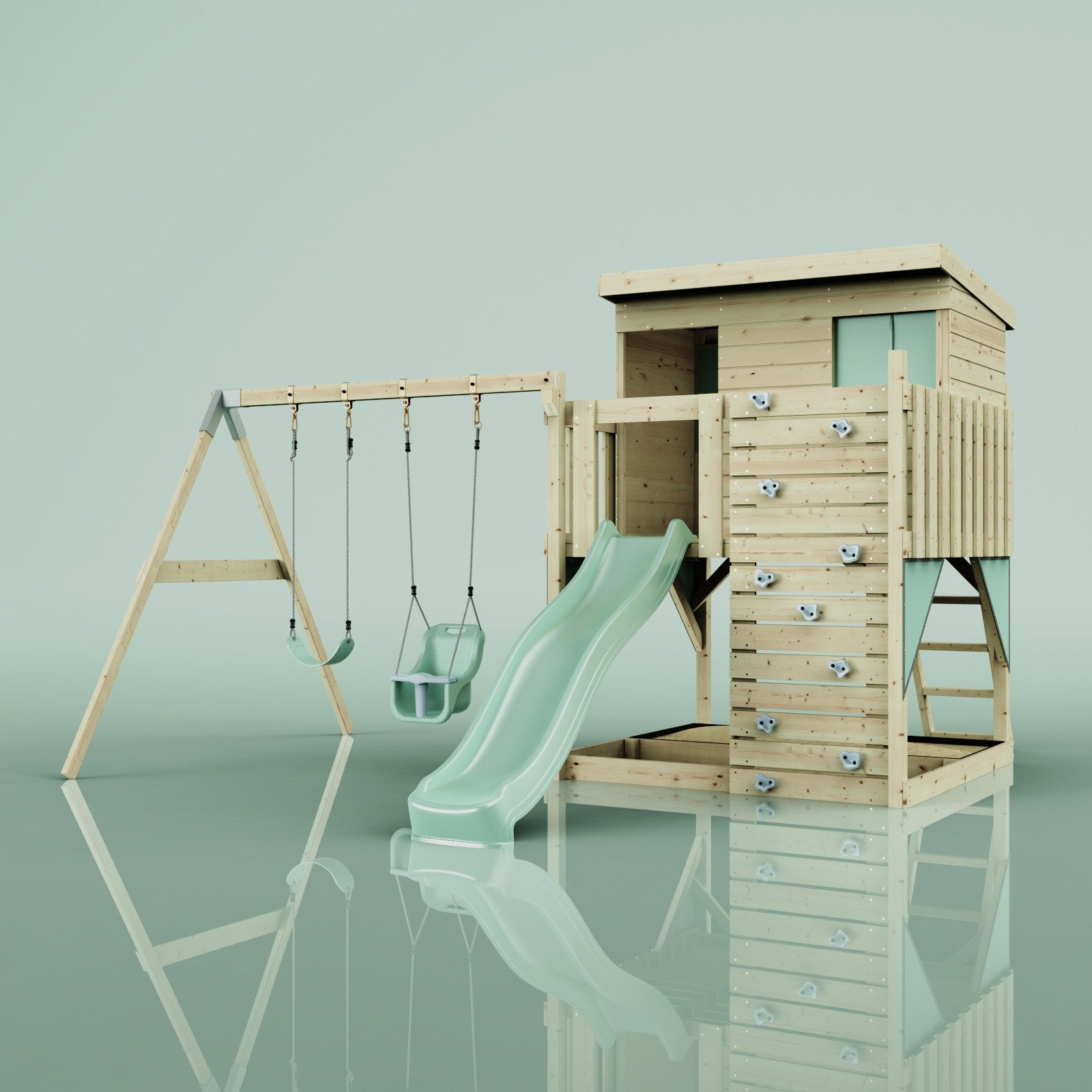 OutdoorToys Spielturm Nils, aus Holz in Mintgrün mit Babyschaukel & Rutsche, Kletterwand
