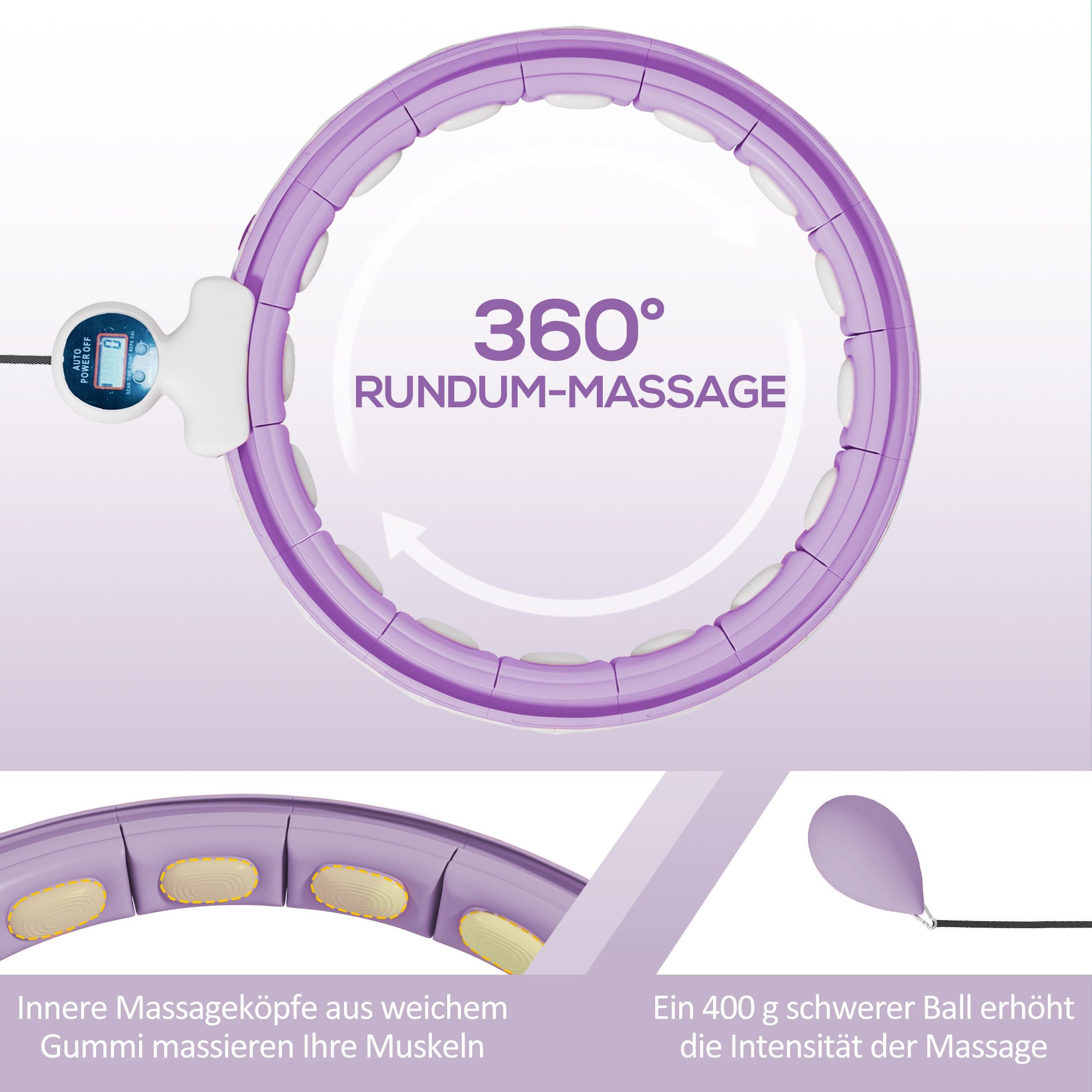 SPORTNOW Hula-Hoop-Reifen mit Gewicht Kugel, Zähler, 16 Knoten (76-113cm) (einstellbar Fitness leise Abnehmen Ausrüstung, 1-tlg., Fitnessgerät), für Gewichtsverlust, Fitness Violett