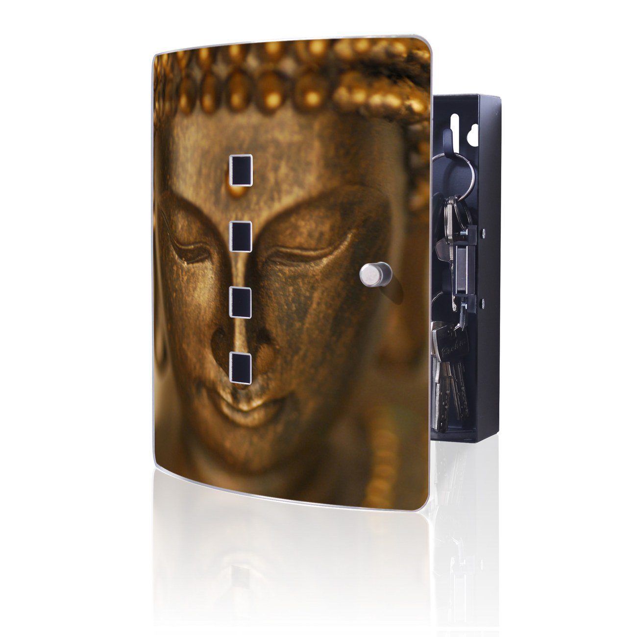 banjado Schlüsselkasten Edelstahl Buddha Gold (verstellbarer Magnetverschluss, mit 10 Haken), 24 x 21,5 x 7 cm