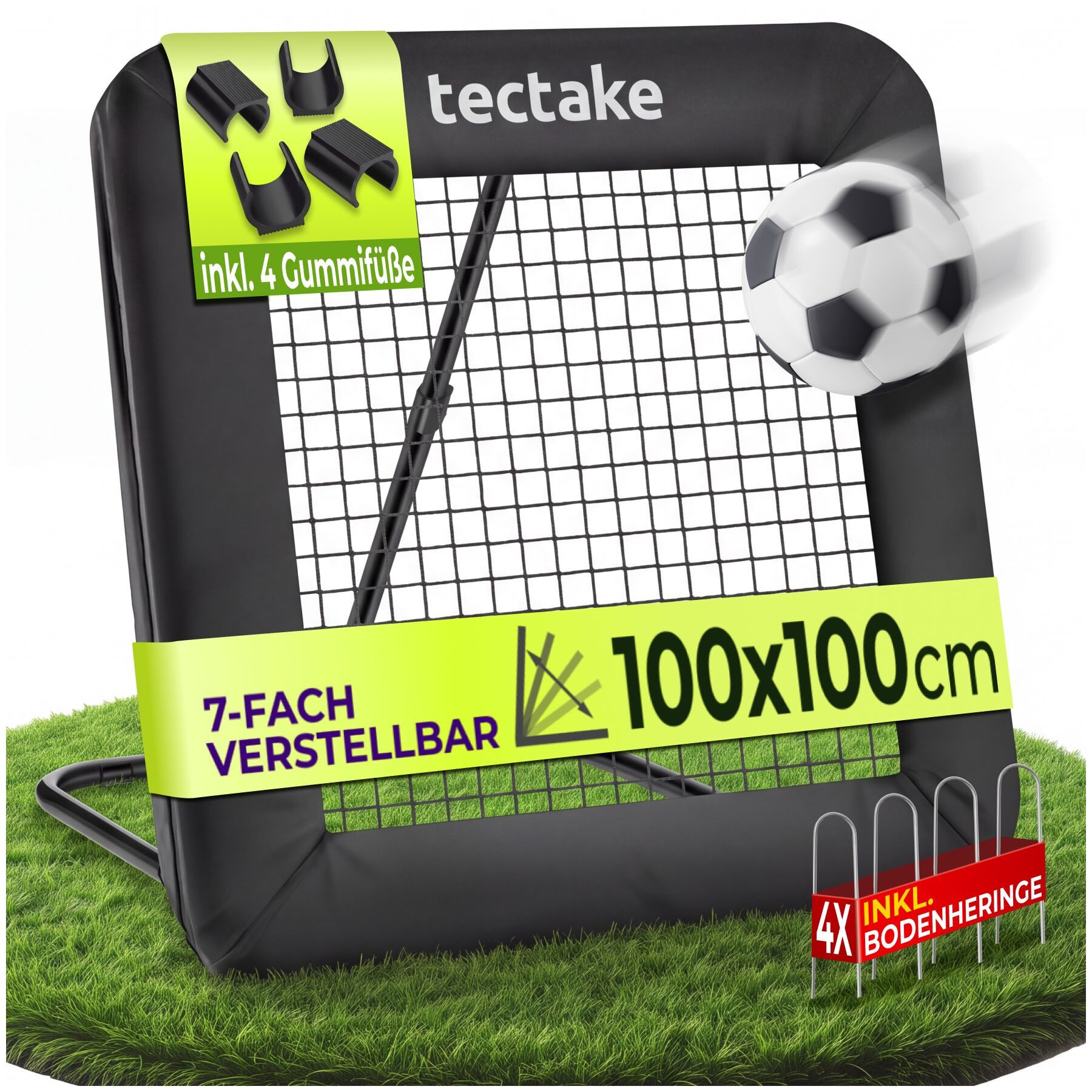 tectake Fußballtor Trainingsrebounder 7-fach verstellbar, wetterfest, klappbar (Fußball Trainingswand Alphonso, in Schwarz), Inkl. 4 Bodenanker, für drinnen und draußen, 100x100 cm