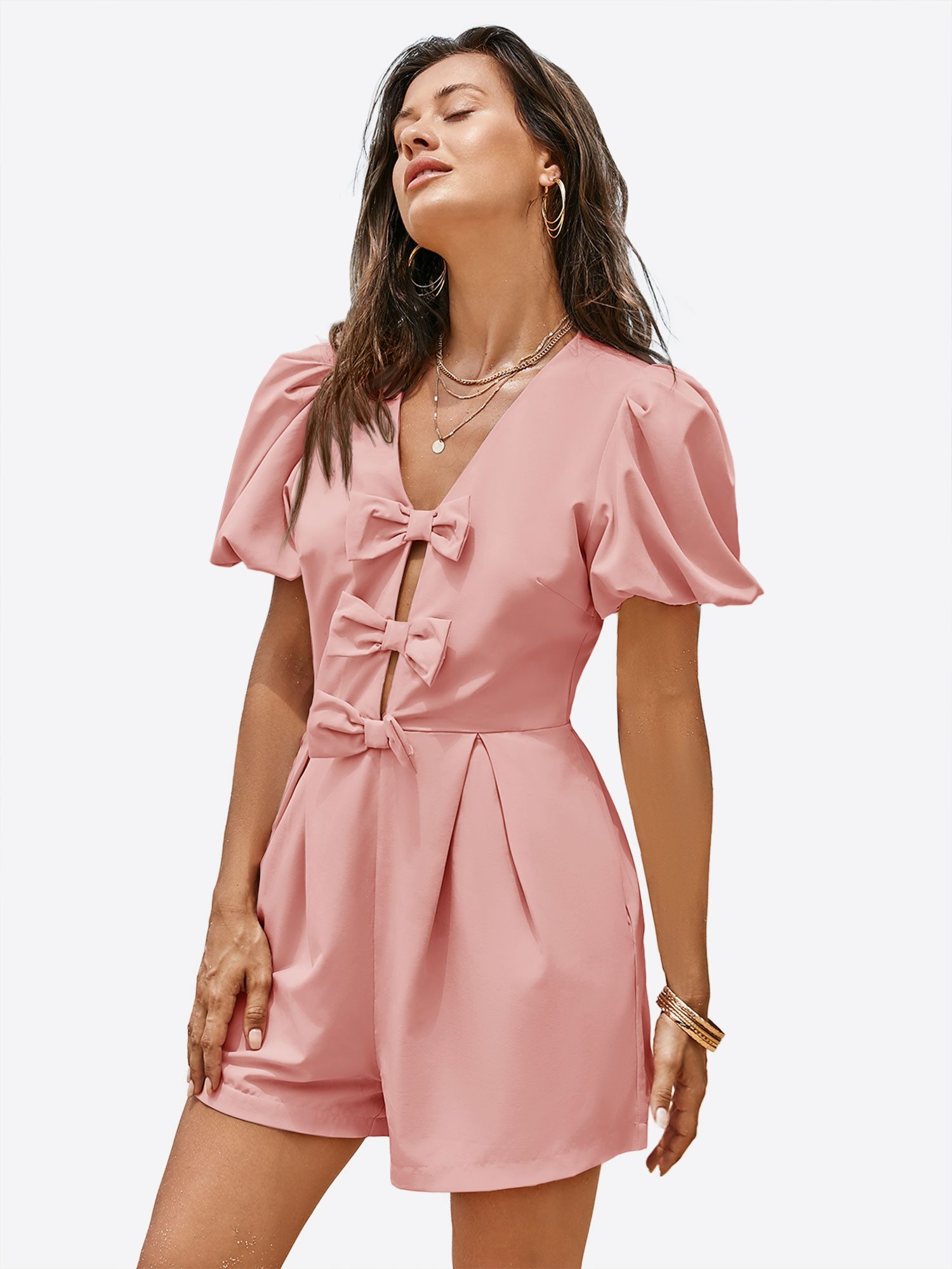 Imily Bela Strampler Damen Jumpsuits mit Schleife vorne und Puffärmeln (Packung, 1-tlg., 1per-Pack) einfarbig – Bild 5 von 5