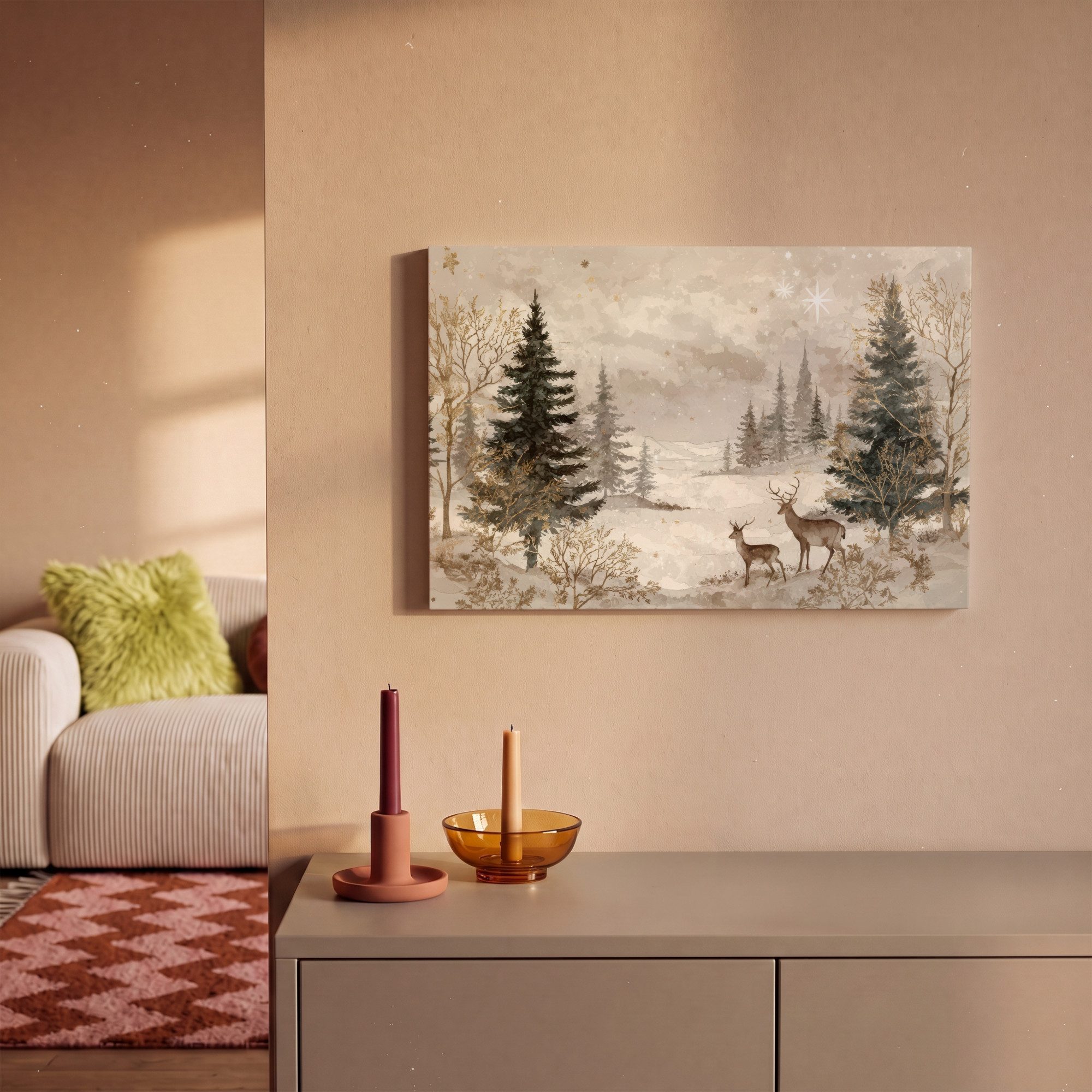 OneMillionCanvasses® Leinwandbild Wald - Hirsche - Winter - Schnee, Fotodruck (1 St), Leinwand Bilder Klein, Wand Dekoration Aesthetic 30x20 cm – Bild 2 von 5