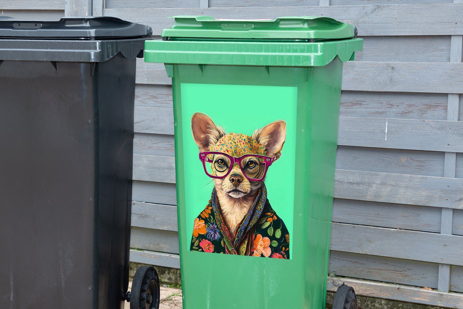Abfalbehälter Tier - Hund Mülltonne, St), Wandsticker - - Mülleimer-aufkleber, MuchoWow Brille Chihuahua Blumen - Container, Sticker, (1