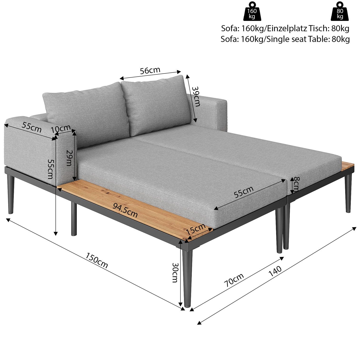 Rutaqian Daybed Doppel-Liegebett mit Regalen, Sonnenliege für Terrasse, Garten, Balkon (Outdoor Patio Daybed,Double Lounge Bed, Outdoor-Liegestuhl), Multifunktionales Wasserdichtes Sofabett,70x150x30 cm