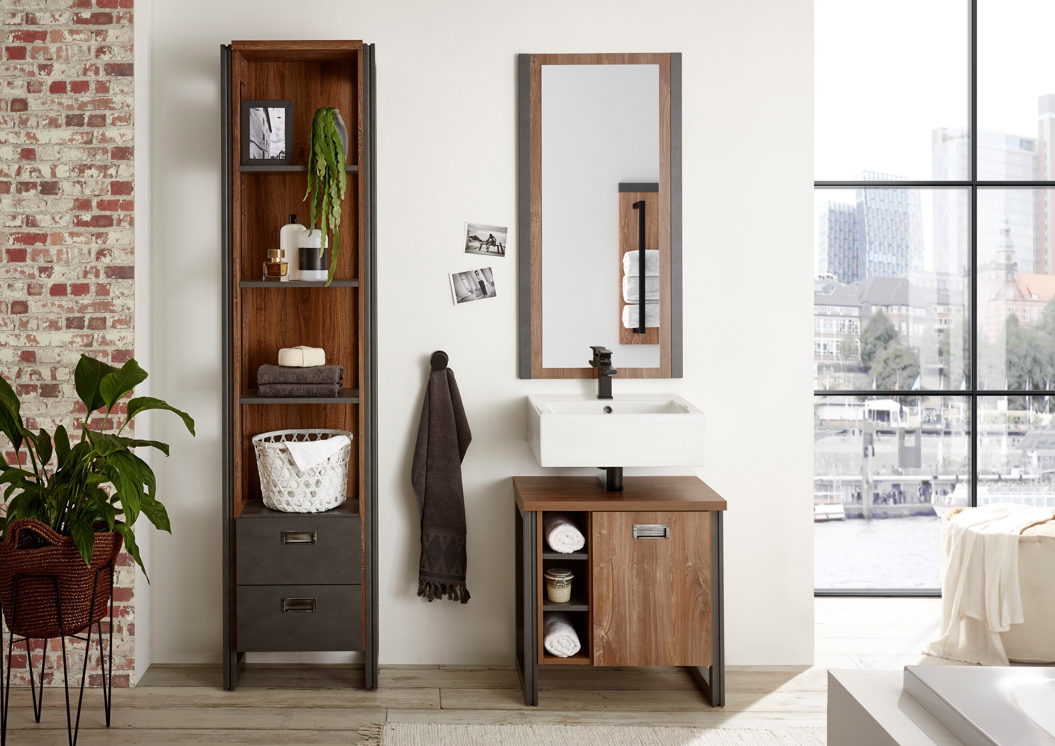 Home affaire Badmöbel-Set Detroit, Bad im Industrialdesign, 3-teiliges Badezimmer, (Set, 3-St), Unterschrank, Regal & Spiegel, holzfarben, offene Fächer & Stauraum