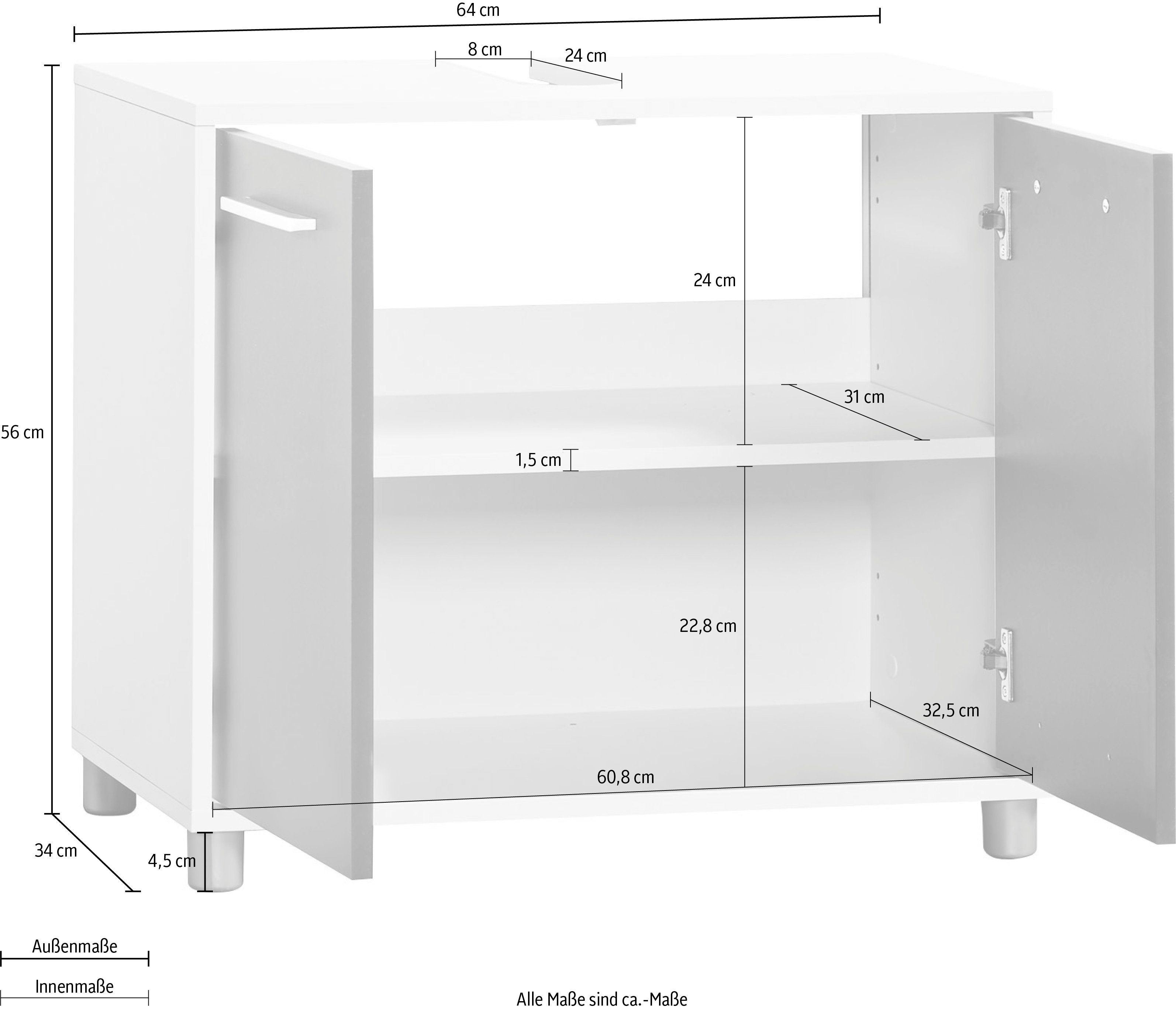 64 WBU Badezimmerschrank Breite Waschbeckenunterschrank weiß Procontour Badmöbel Einlegeboden, cm, mit Betty