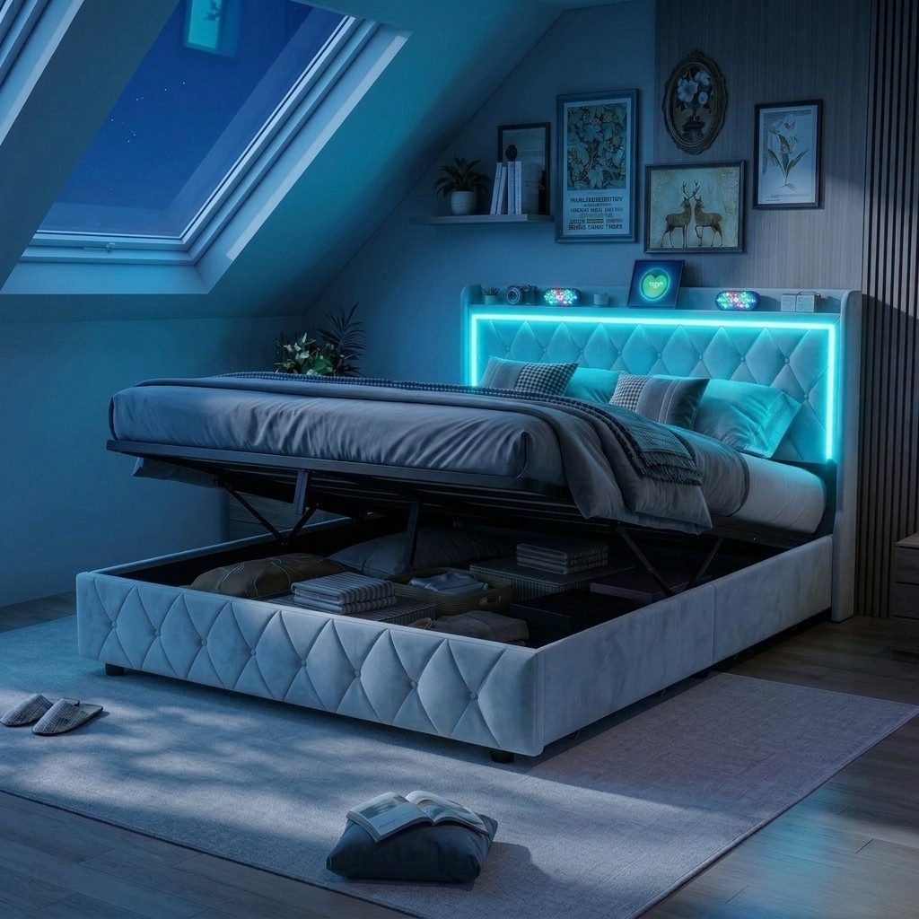 PXloue Polsterbett Stauraumbett Geeignet für kleine Wohnungen (Kopfteil mit 2 USB-Anschlüsse und 1 Typ-C-Ladeport), Hydraulisches Doppelbett, mit LED-Leisten, Samtbezug, 140x200