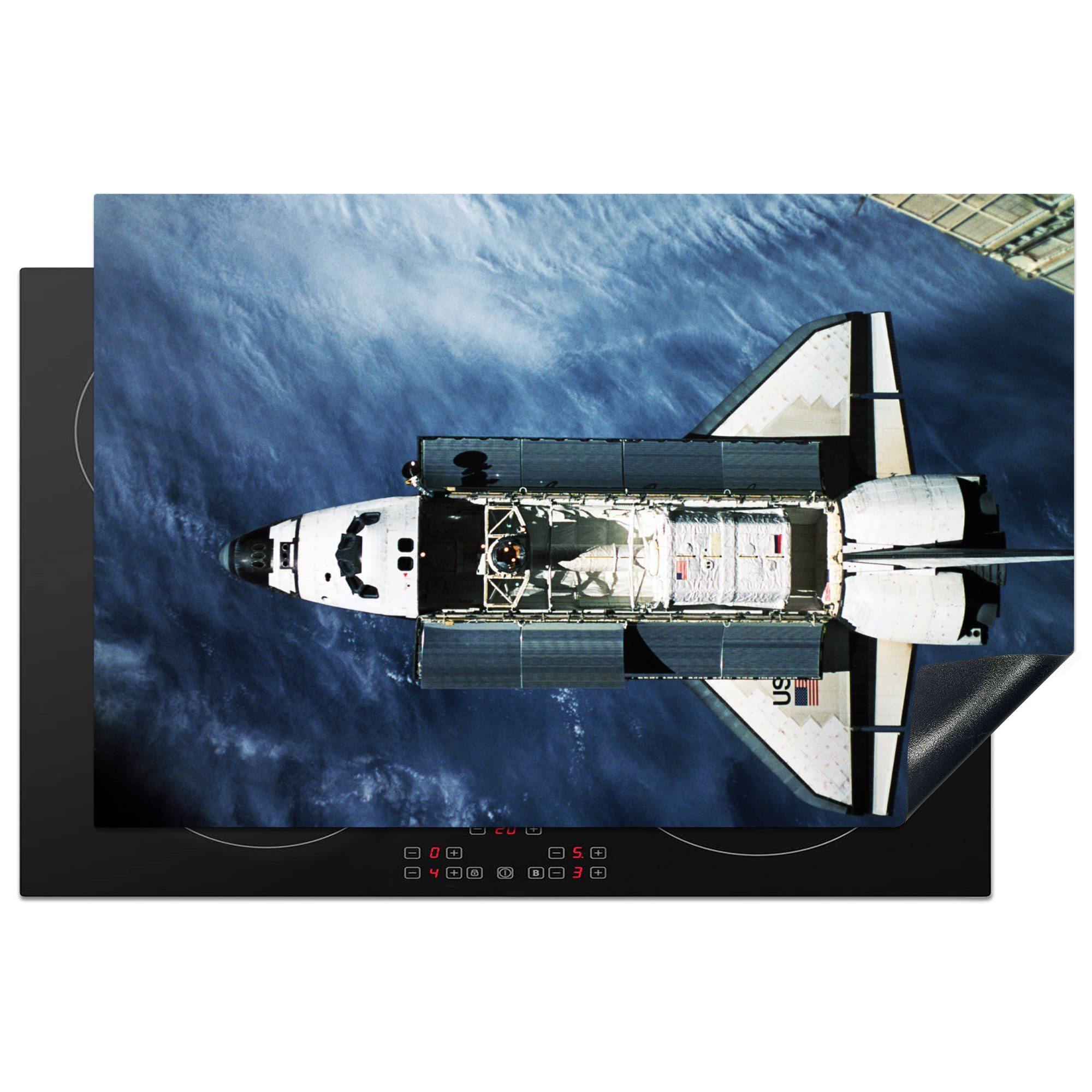 MuchoWow Herdblende-/Abdeckplatte Erde - Weltraum - Space Shuttle, Vinyl, (1 tlg), 81x52 cm, Induktionskochfeld Schutz für die küche, Ceranfeldabdeckung