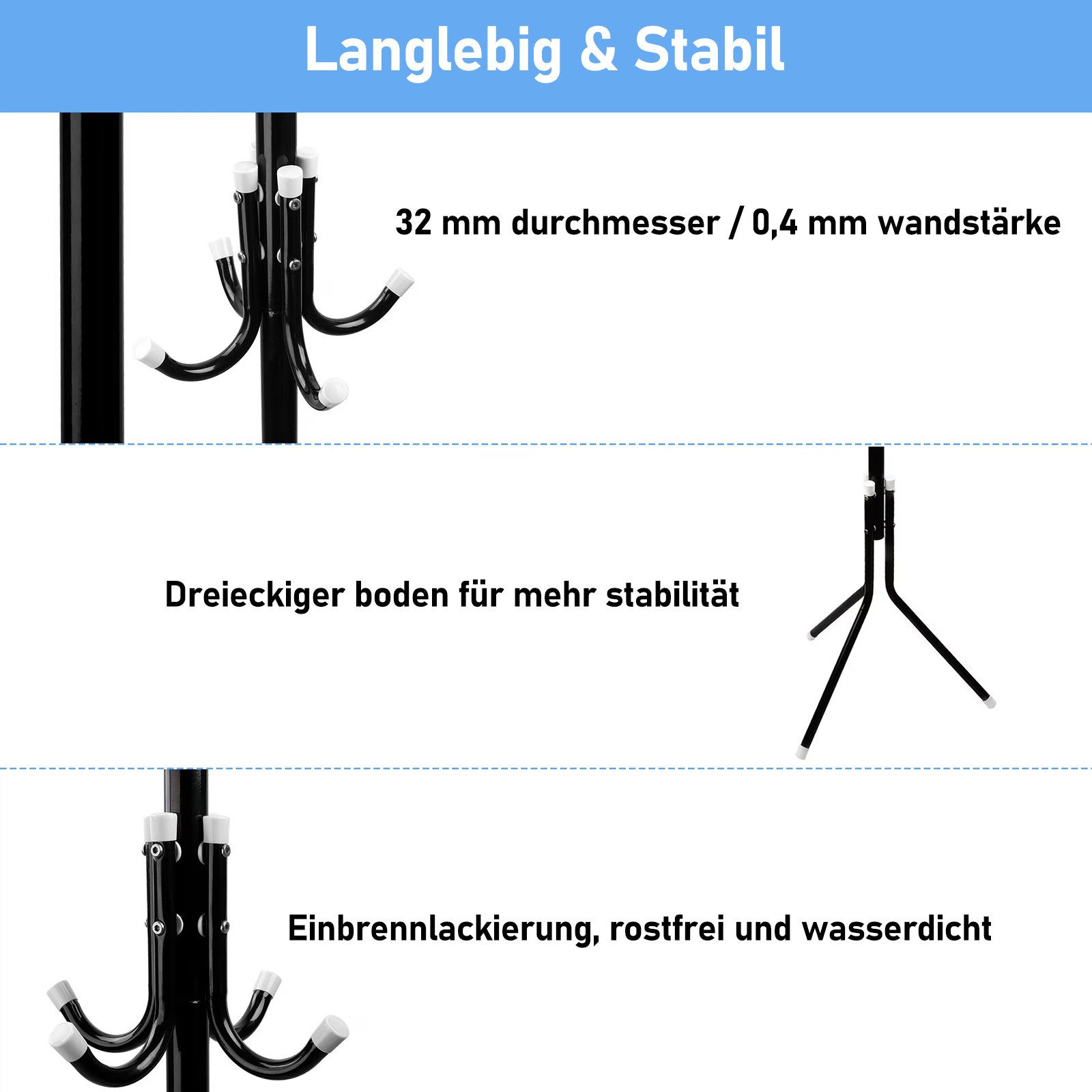 HUGERSTONE Garderobenständer Kleiderständer Freistehend, mit 3 Höhenverstellbar Größen und 12 Haken, (1 Set, Metalrahmen Garderobe), für Flur, Balkon, Büro, Schlafzimmer, Stabile Basis und Platzsparend