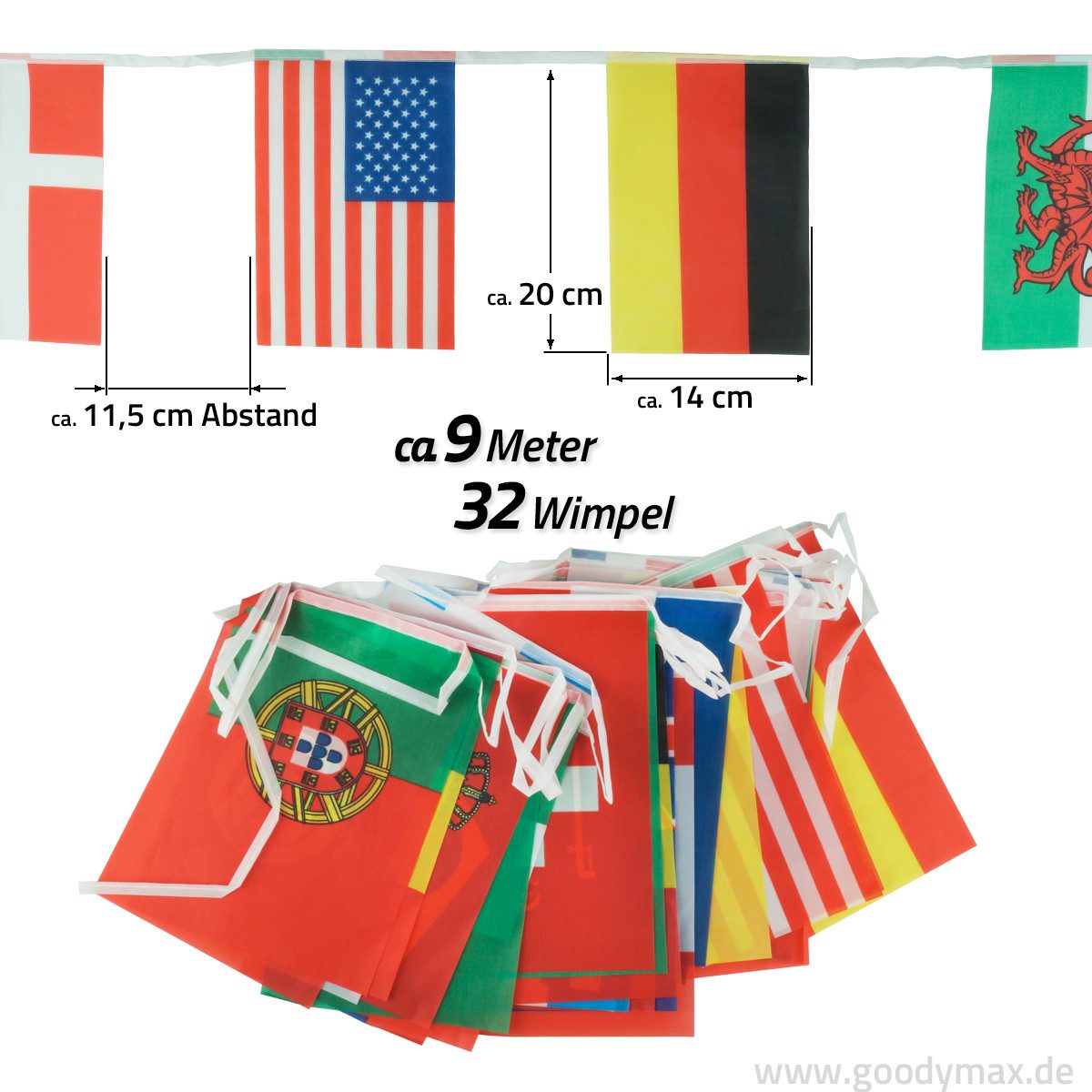 Goodymax Hängedekoration Internationale Wimpelkette Girlande Polyester-Stoff (14 x 20 cm / 9,00 Meter lang, 1 Wimpelkette), Fahnen, Fähnchen, Kette, Wimpelgirlande, Länder