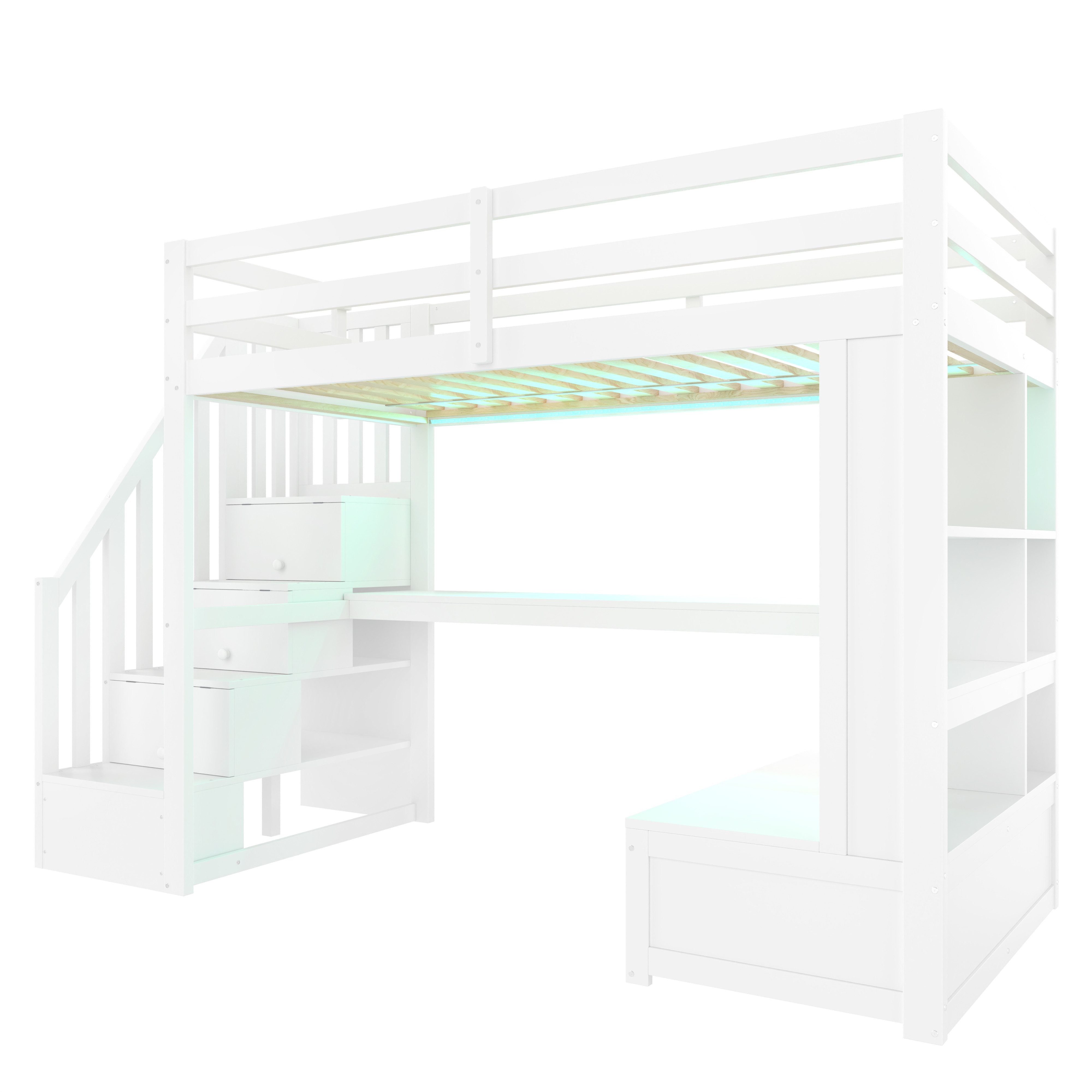 Merax Hochbett 90x200cm mit LED-Beleuchtung (1-St., Jugendbett Einzelbett Stockbett) Kiefer Kinderbett mit Schreibtisch Regalen Schubladen Stauraumtreppe – Bild 5 von 5