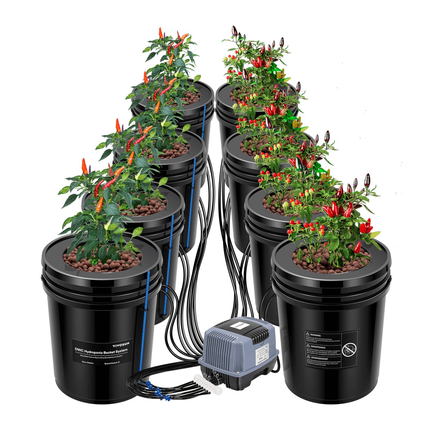 VIVOSUN Bewässerungssystem VIVOSUN DWC Hydroponik-System, (Komplettset), 18,9 L DWC Hydroponik System mit 8 Eimern und Top-Drip