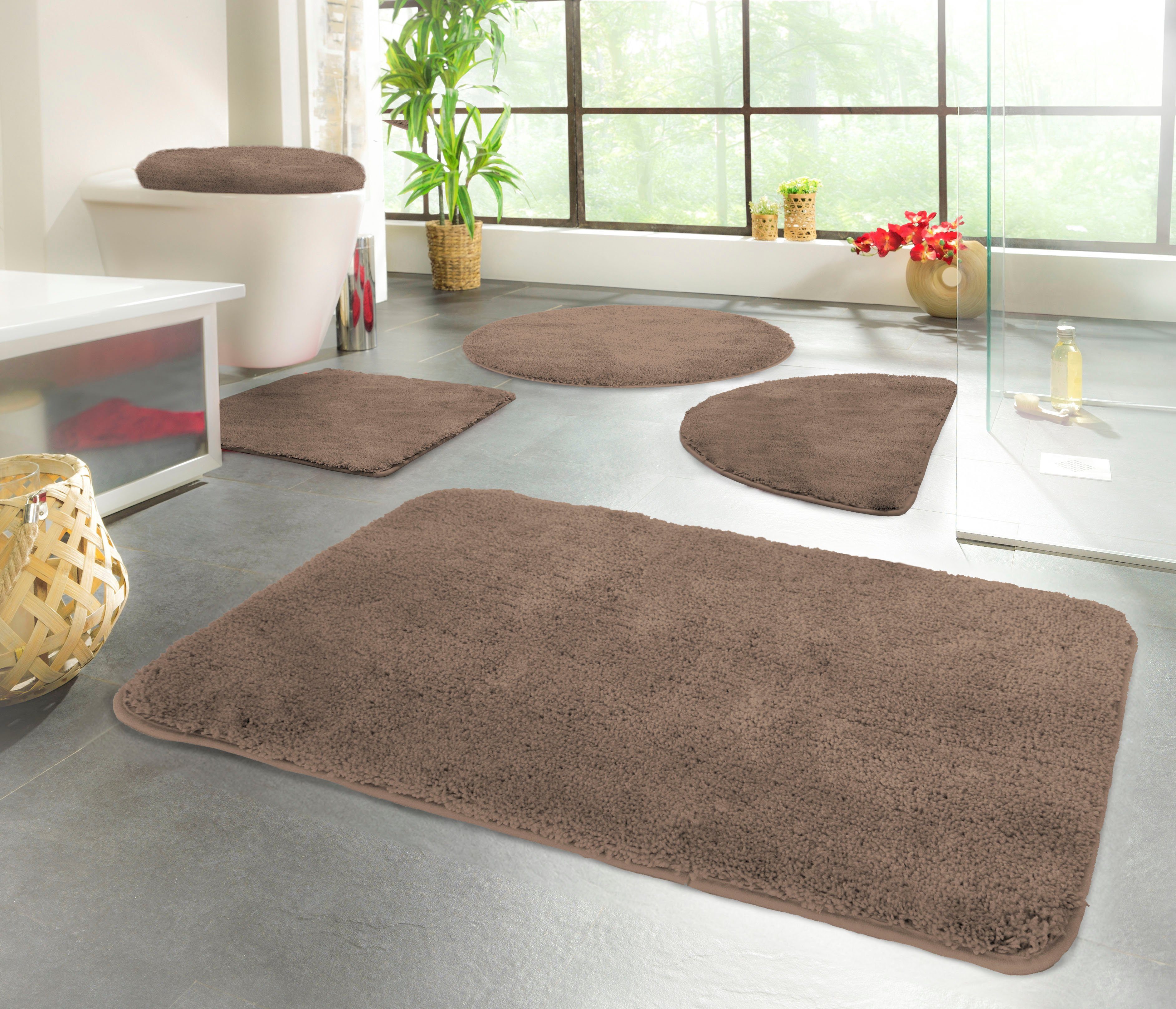 KiNZLER Badematte Chaozhou, Badvorleger, Badezimmer Teppich, Höhe 20 mm, rutschhemmend beschichtet, fußbodenheizungsgeeignet, Polyester, rechteckig, 2er-Set rechteckig 55x50 cm / rechteckig 50x80 cm, Badteppich, Uni Farben, weich, als rechteckig, rund & Set erhältlich