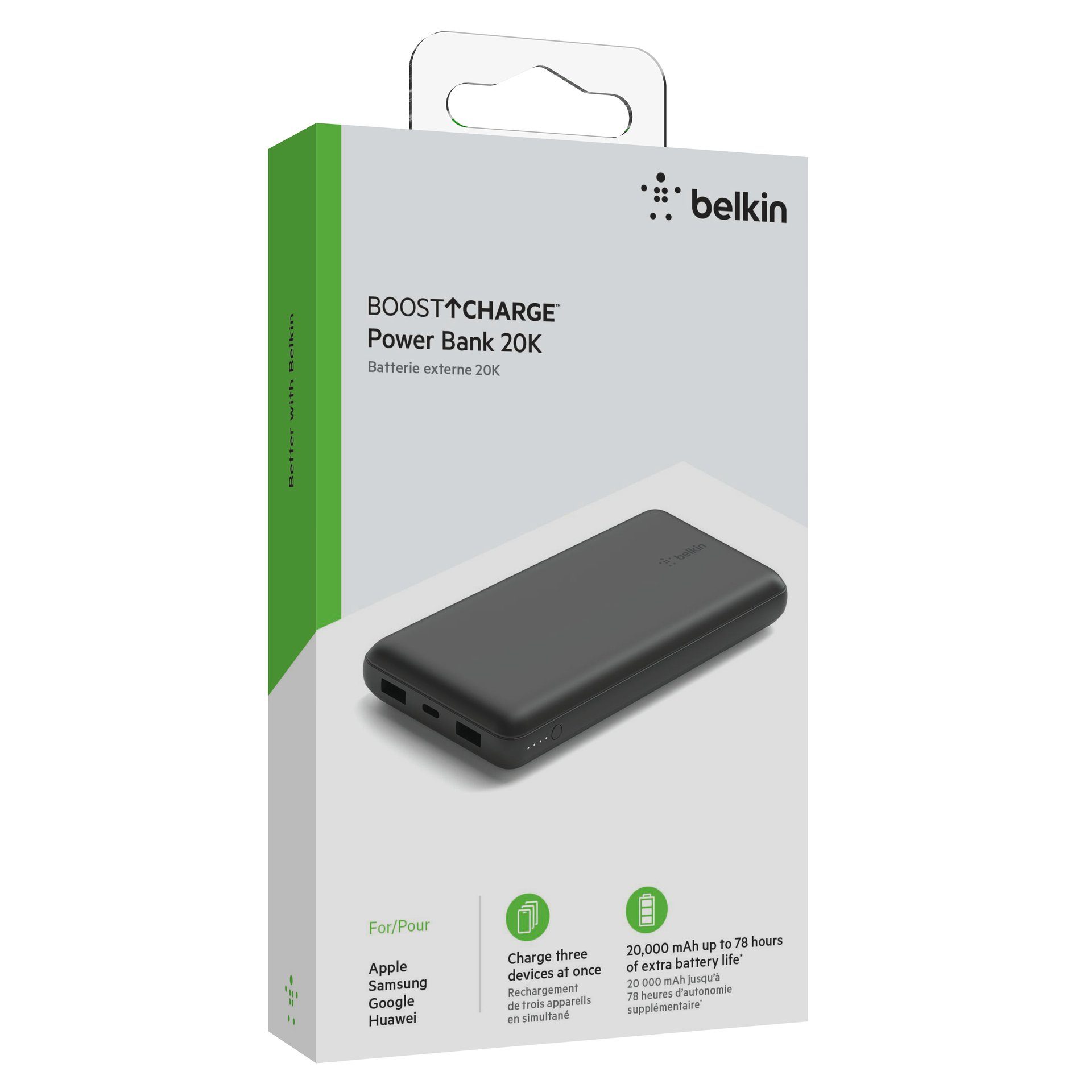 1x bis zu zum 2x Power Belkin Geräten Stunden Laden 15 USB-A, Powerbank, USB-C, BoostCharge 3 Watt Schwarz 20.000mAh 78 für Powerbank von