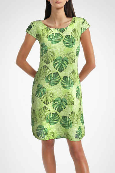 PEKIVESSA Sommerkleid Leinenkleid Damen Kurzarm knielang (1-tlg) mit Blätterdruck