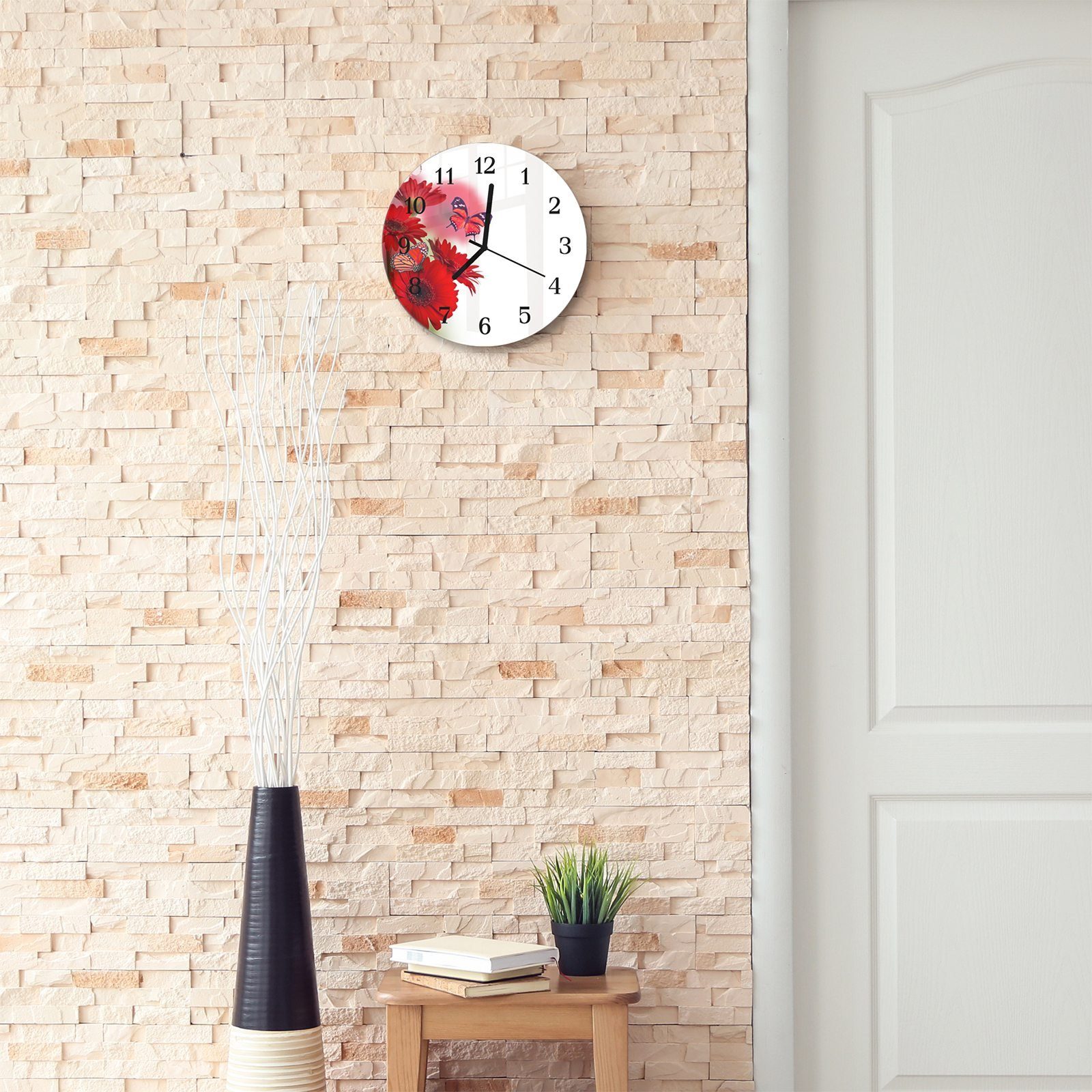 Quarzuhrwerk und aus Durchmesser cm 30 - Rund Wanduhr Glas Blütenzauber Motiv mit Primedeco Wanduhr mit