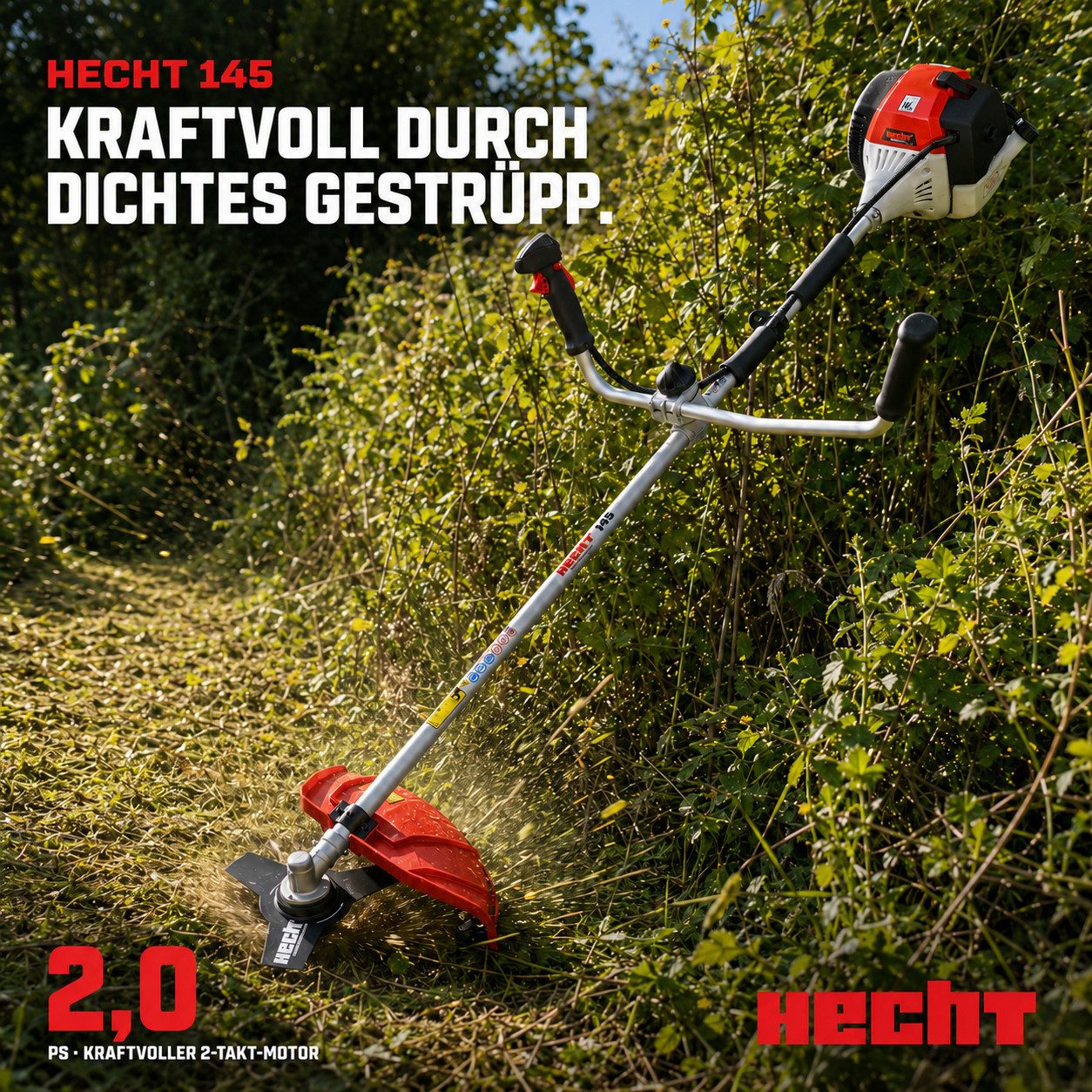 Hecht Benzin-Freischneider Motorsense mit Tragegurt 1,47 kW / 2 PS, 43 cm³, 25,5 cm Arbeitsbreite Messer, 43 cm Arbeitsbreite Faden, 2,4 mm Fadenstärke, Auftipp-Automatik