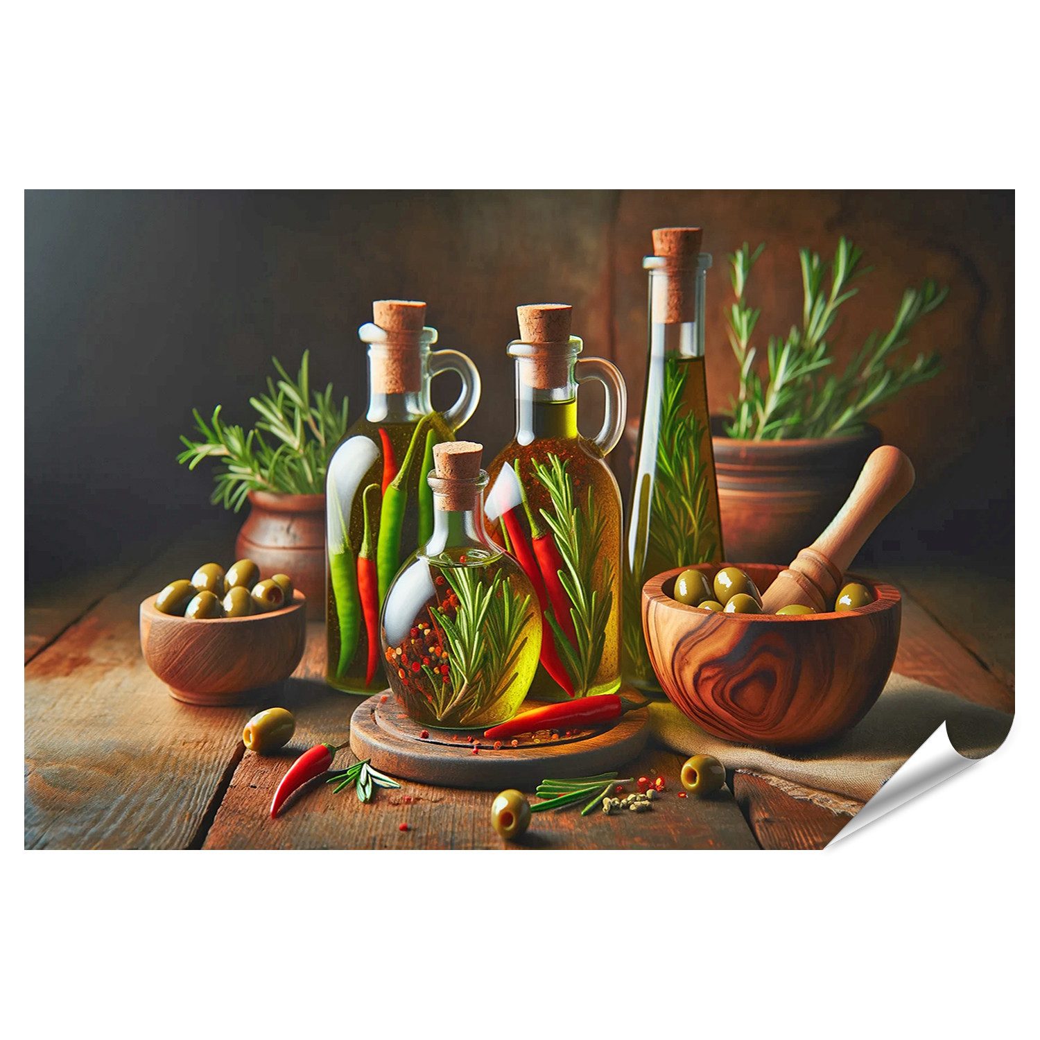 Poster Olivenölflaschen mit Kräutern rustikale Küchenszene