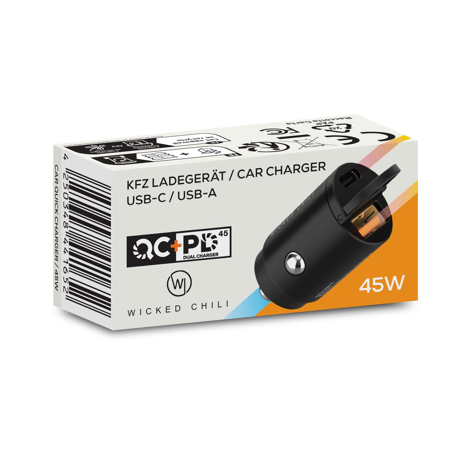 Wicked Chili 45W USB KFZ Ladegerät USB-C / -A Schnelladegerät Auto-Adapter Zigarettenanzünder-Stecker zu USB Typ C und USB-A, 2-fach USB-A / USB-C Auto Ladegerät 20W für iPhone 15, 14, 13, 12