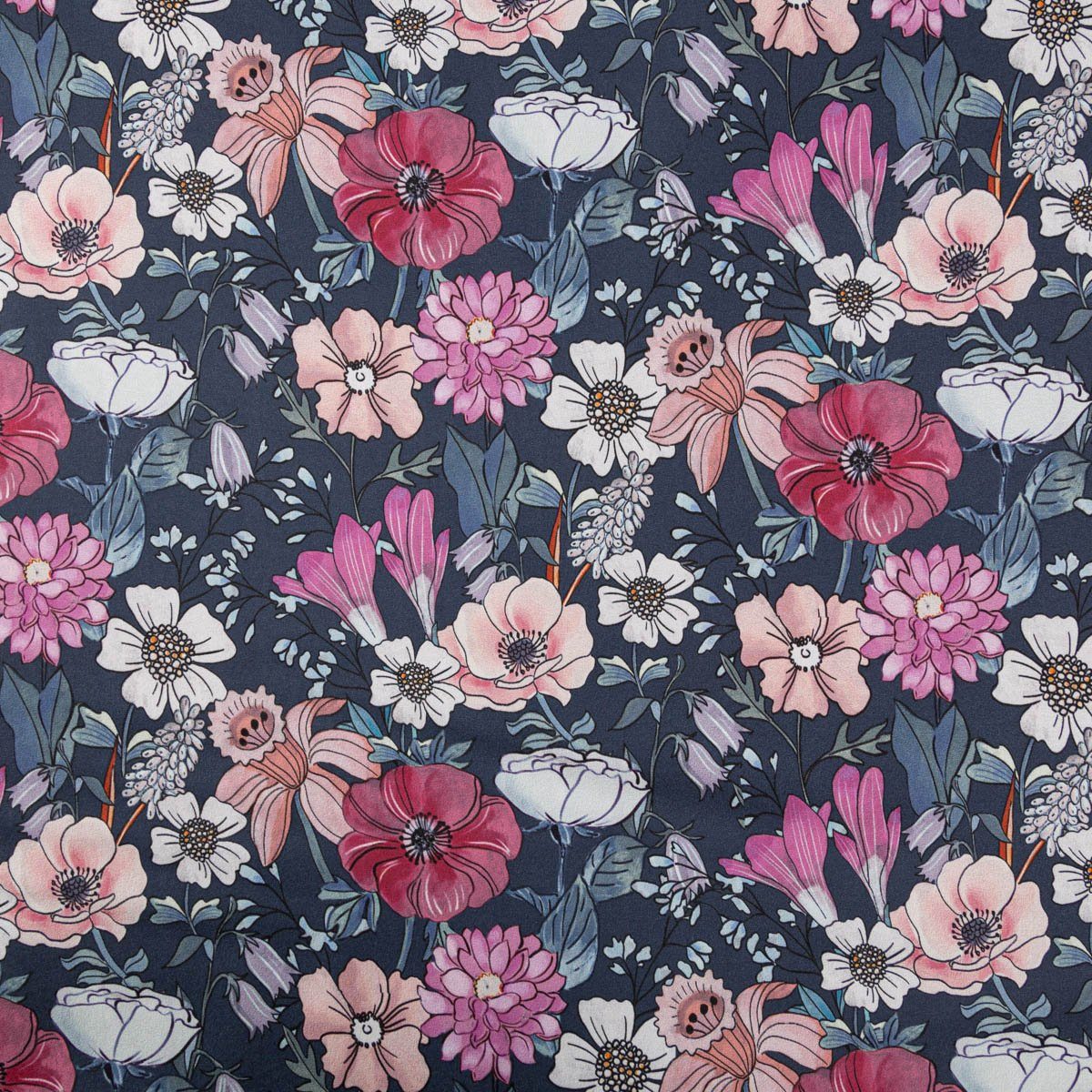 Thumbnail - SCHÖNER LEBEN. Stoff Softshell Stoff mit Fleece-Rückseite Digital Flowers navy rosa 148cm, abwaschbar