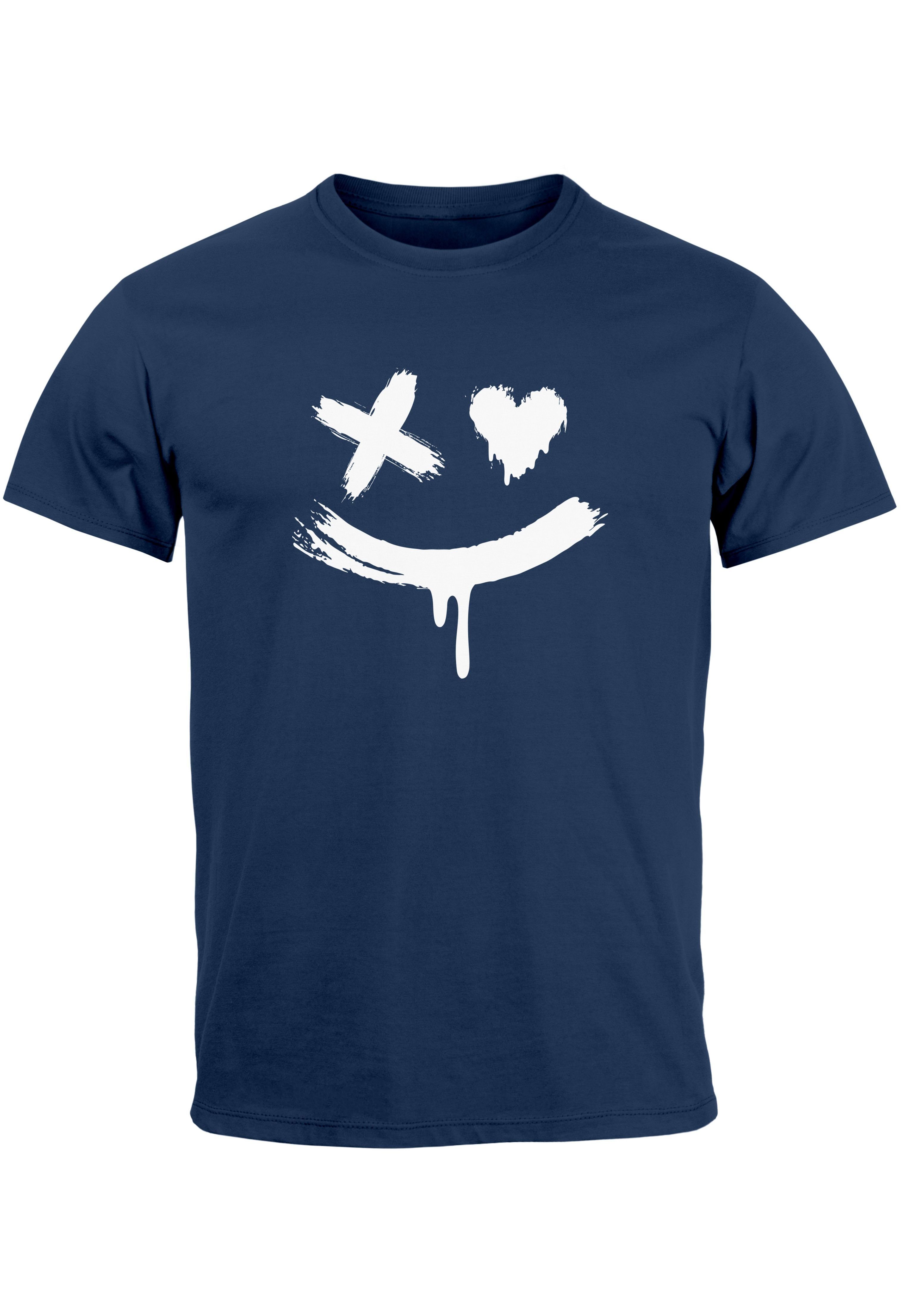 Neverless Print-Shirt Herren T-Shirt navy Print mit Aufdruck Smile Streetstyle T Techwear Fashion mit Print