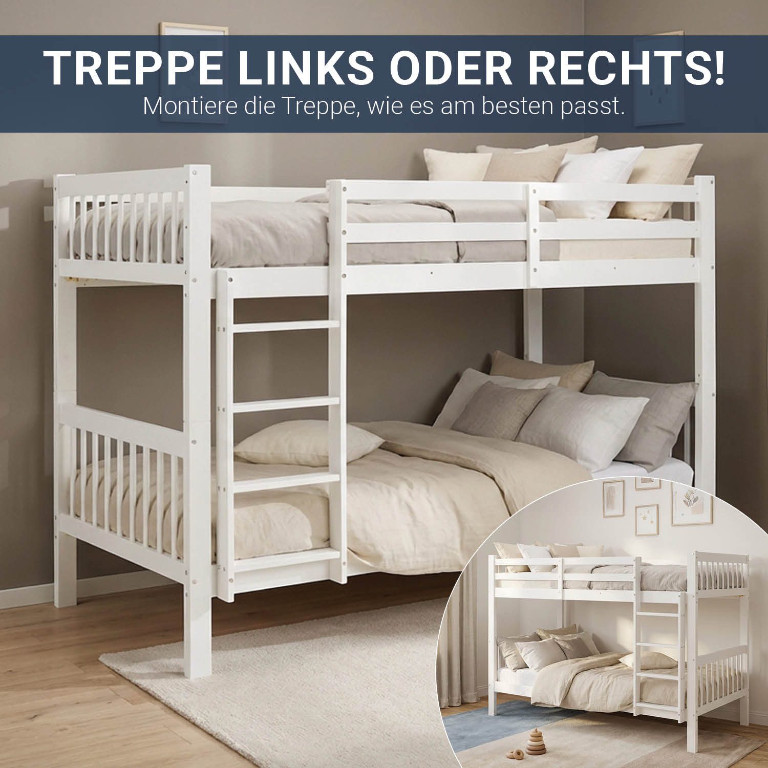 Homestyle4u Etagenbett 90x200 Kinderbett Geschwisterbett Weiß Doppelstockbett Hochbett Holz (Set mit 2x Lattenrost, mit 2x Lattenrost), Kiefer, umbaubar zu 2 Betten, einzeln stellbar, geteilt