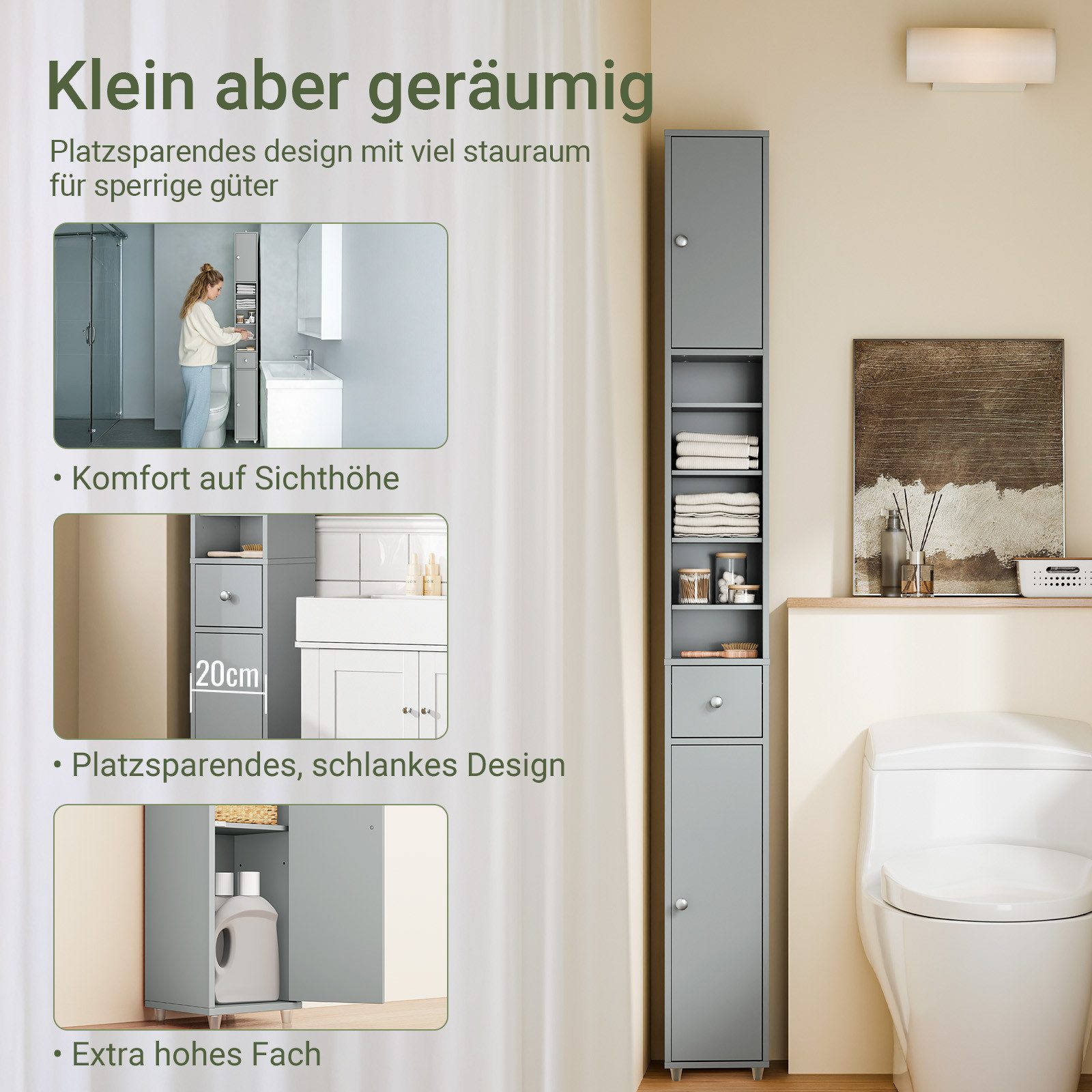 SoBuy Hochschrank BZR34, Badschrank schmal, Badezimmermöbel, Wasserabweisender Badzimmerschrank mit verstellbare Ablagen Badkommode schmal Badezimmer