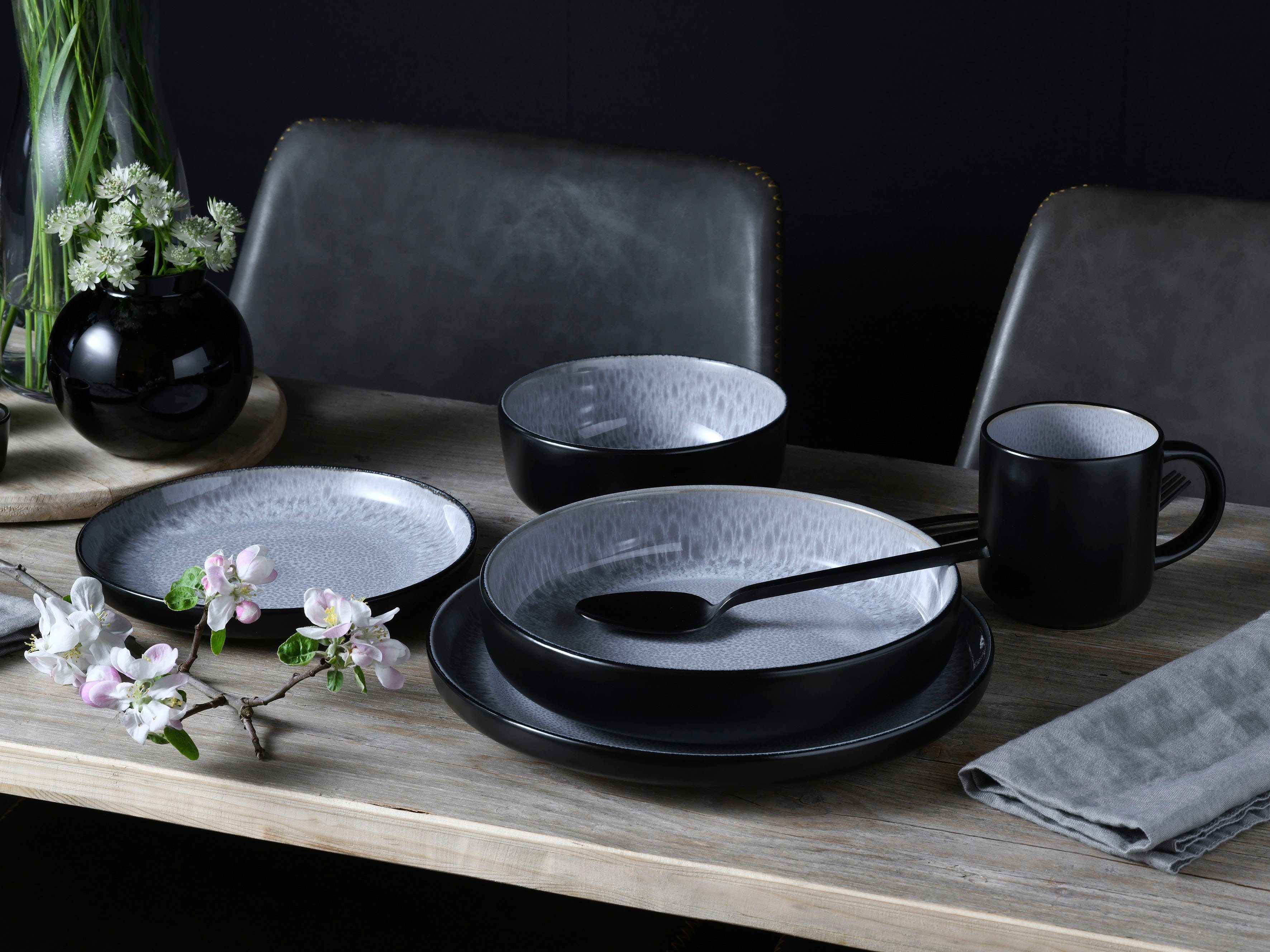 CreaTable Kombiservice Nordic Fjord (10-tlg), 2 Personen, Steinzeug, je 2 Speiseteller, Suppenteller, Dessertteller, Schalen, Kaffeebecher