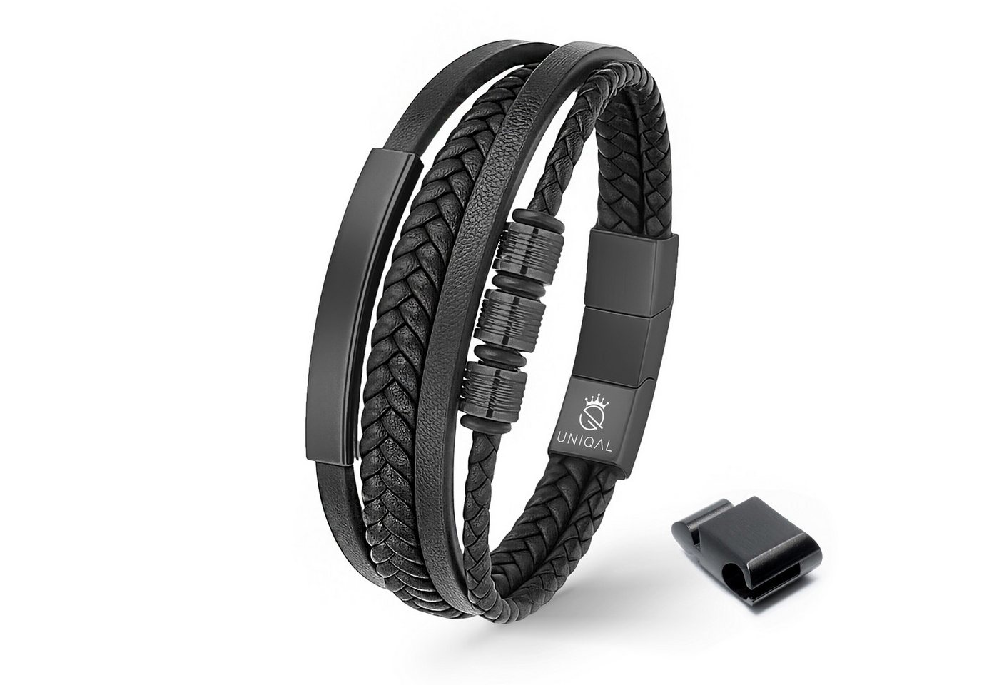 UNIQAL.de Lederarmband Herren "SHAPE" handgefertigt, geflochten, verstellbar (Klassisch, casual, elegant), aus Rindsleder, Edelstahl-Magnetverschluss mit Verlängerungsglied
