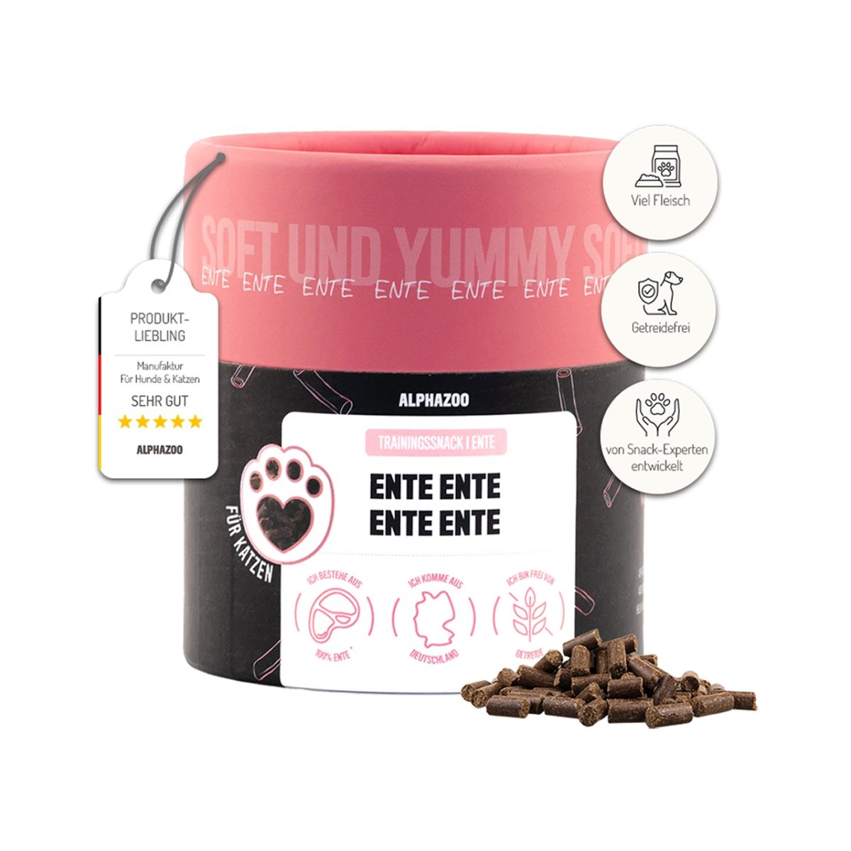 ALPHAZOO Ente Ente Ente Ente 65g, Weiche Katzenleckerli getreidefrei und ohne Zuckerzusatz, Snack für: Katzen, Katzensnack mit viel Fleisch und ohne Getreide