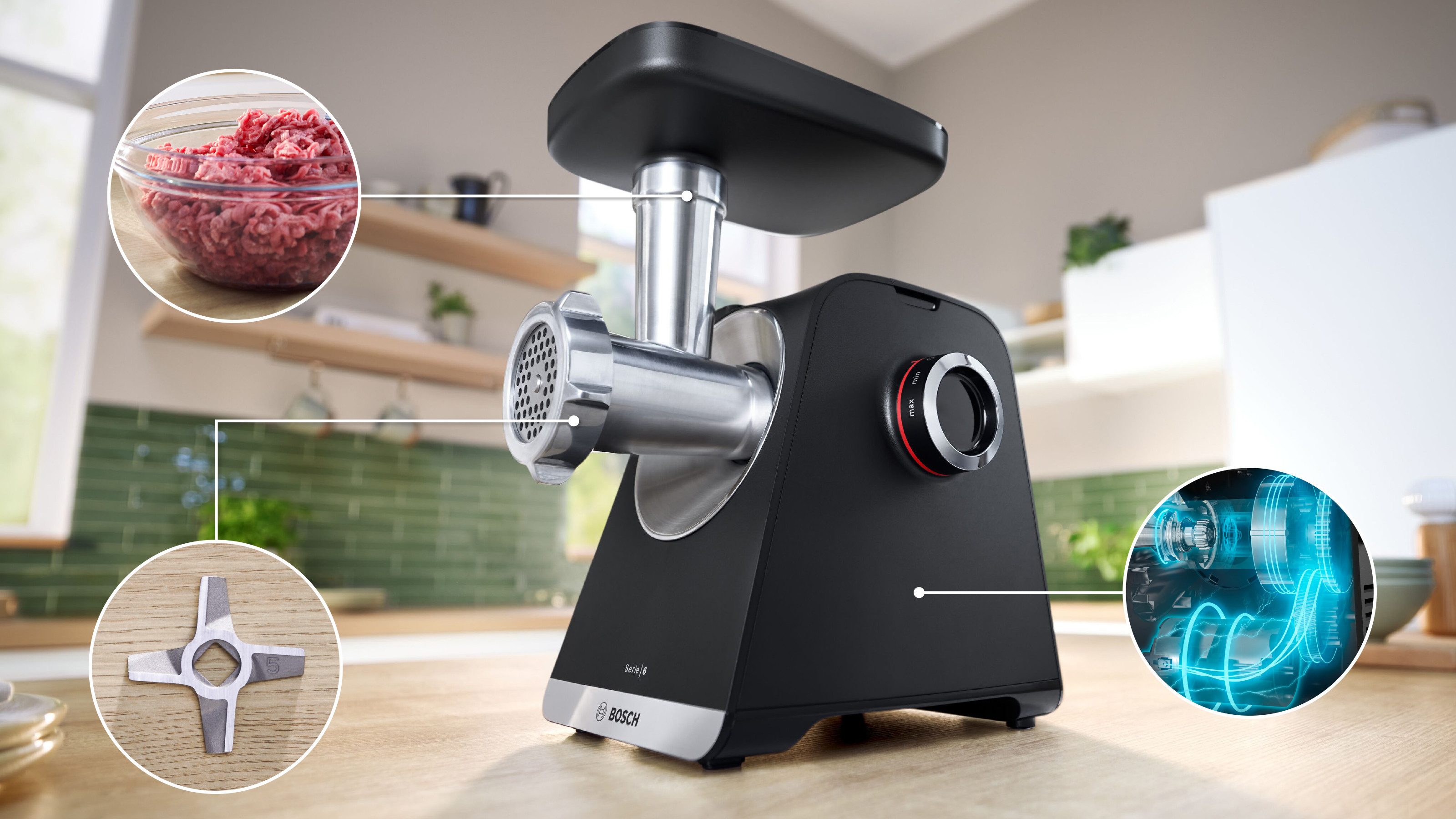 BOSCH Fleischwolf Serie 6 MFWS650B, 3,5kg/Min., 2 Lochscheiben (3 & 8mm), schwarz, 500 W, 2 Stufen, Rücklauf, Wurststopfer, 10 J Motorgarantie, Planetengetriebe