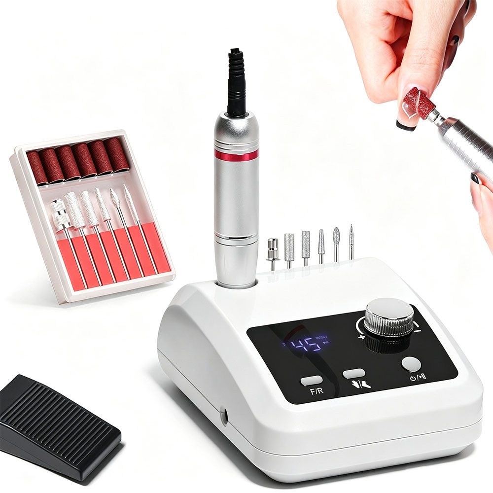 TUWENA Maniküre-Pediküre-Set Nagelfräser für Gelnägel, Elektrisch Nagelfeile Professionell 45000RPM, 6 in 1 Fräser Nägel Mit Pedalen und LED-Anzeige, Nail Drill Machine